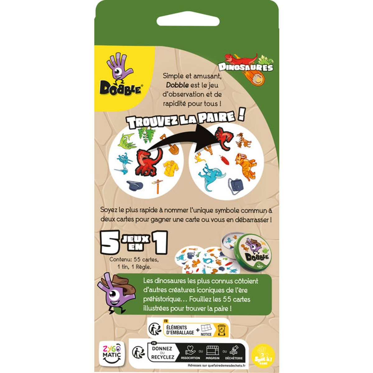 Rückseite einer grünen Dobble-Kartenspielverpackung mit Dinosaurier-Motiven und Spielregeln auf Französisch.