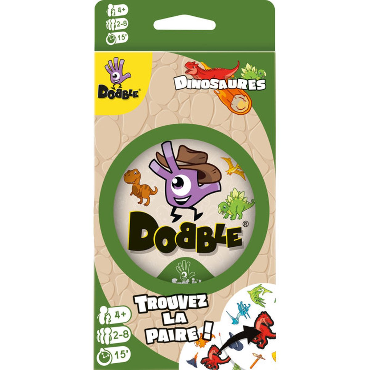 Dobble Dinosaurier Spielschachtel mit lila Handfigur und kleinen Dinosauriern auf grünem Hintergrund.