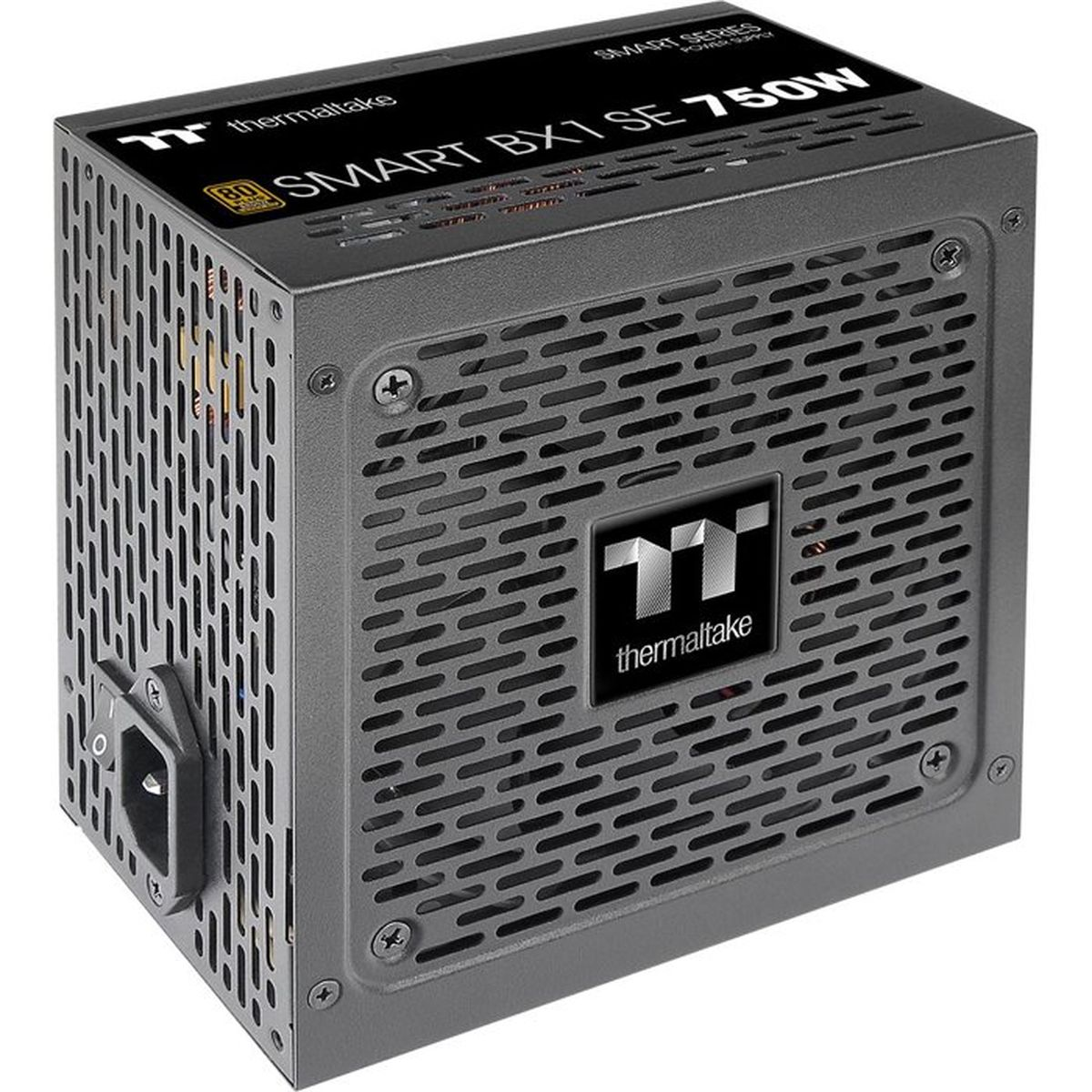 Schwarzes Thermaltake Smart BX1 SE 750W PC-Netzteil mit gitterartigem Gehäuse und Markenlogo.