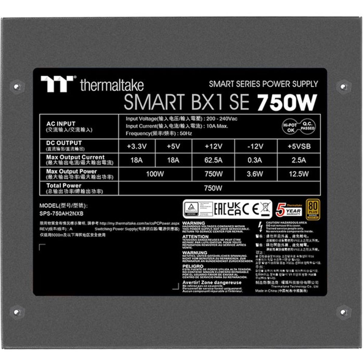Etikett eines Thermaltake Smart BX1 SE 750W Netzteils mit technischen Daten.
