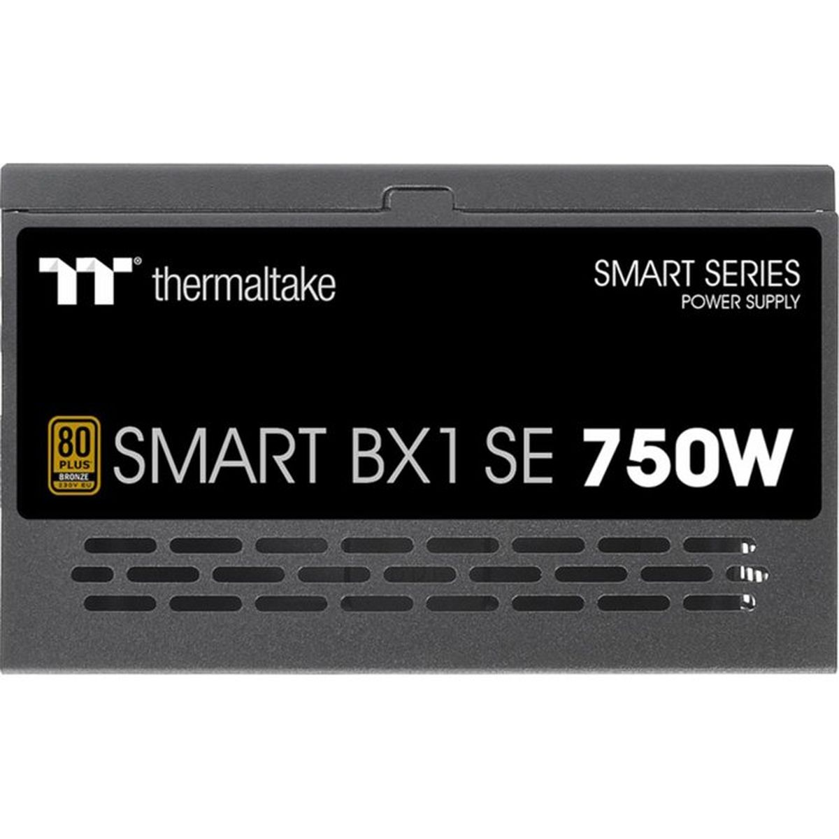 Schwarzes Thermaltake Smart BX1 SE 750W Netzteil mit Lüftungsschlitzen und 80 Plus Bronze Logo.
