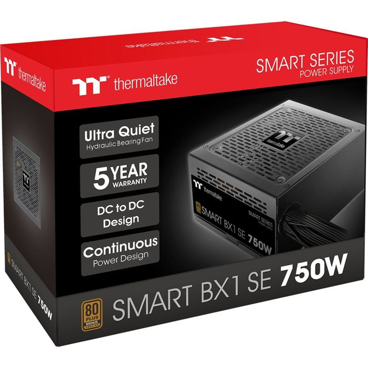 Thermaltake Smart BX1 SE 750W Netzteil in roter und schwarzer Produktverpackung.