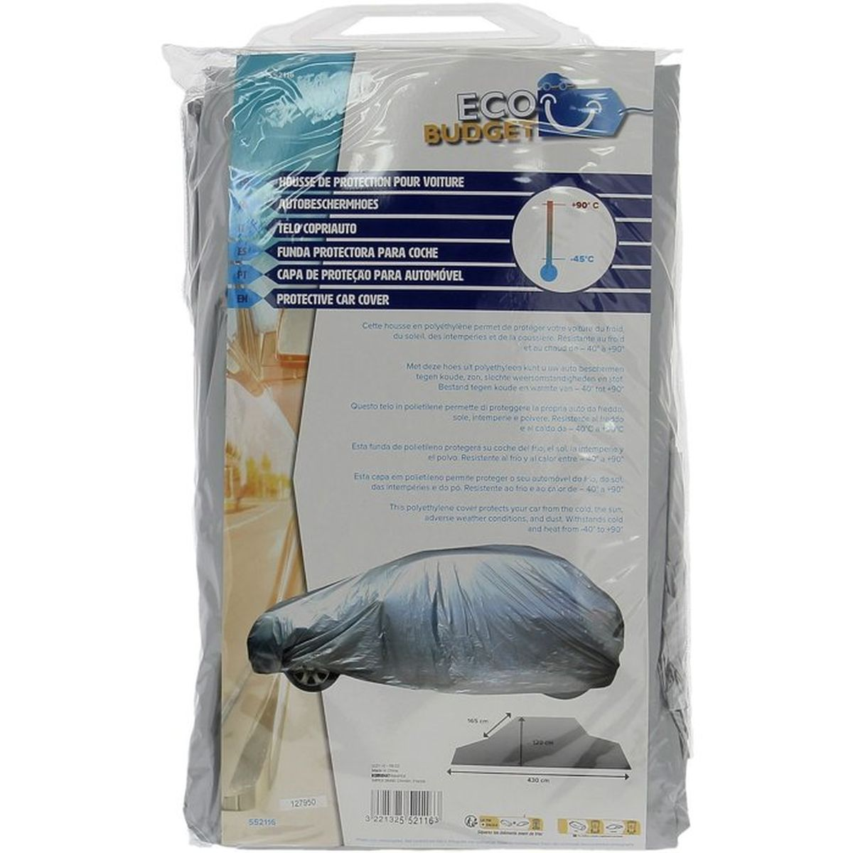 Verpackte graue Eco Budget Autohaube in Plastiktüte mit Produktinformationen.