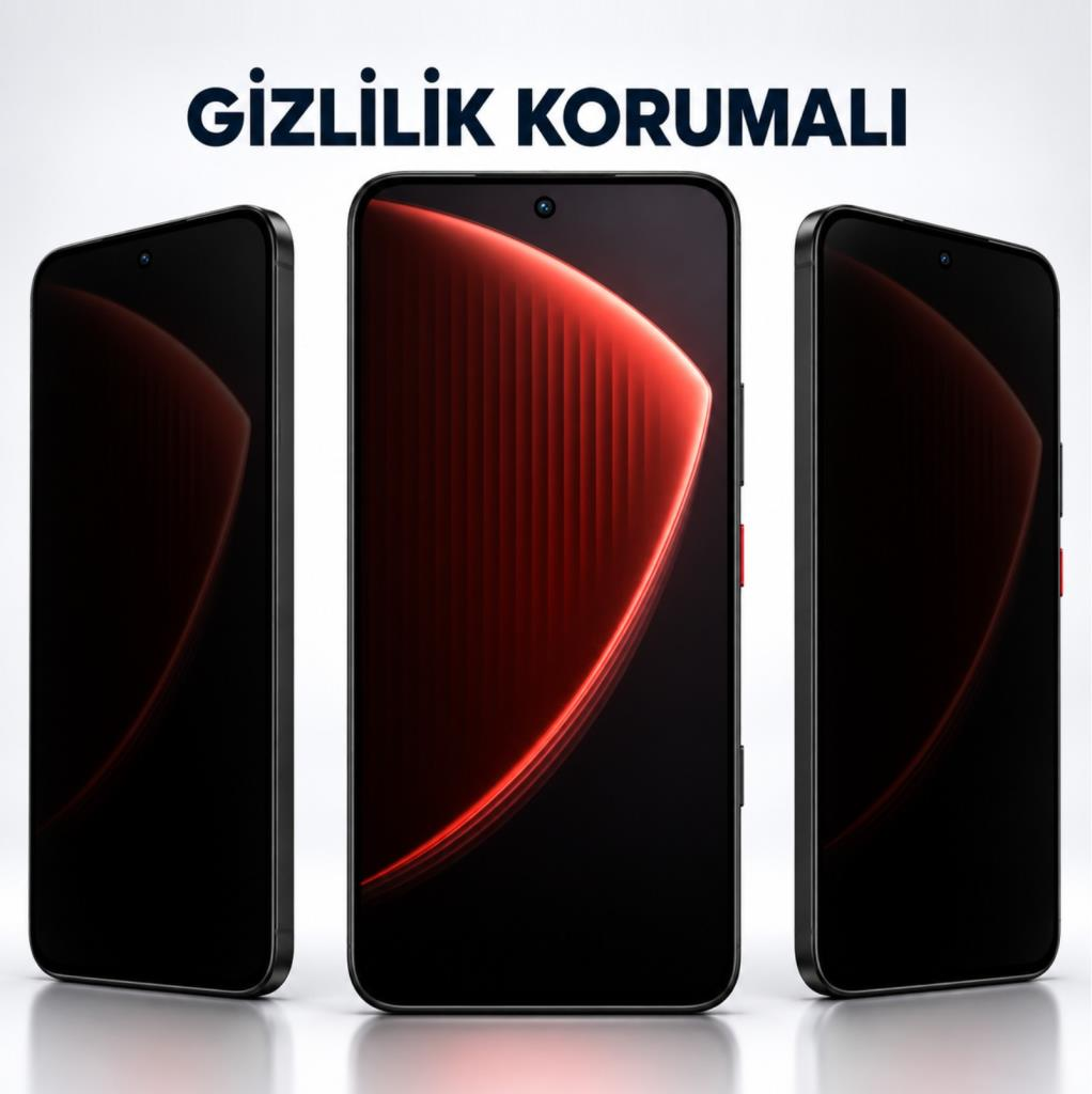 Beyaz arkaplanda siyah çerçeveli üç akıllı telefon, ortadaki kırmızı soyut ekranı gösteriyor, üstte yazı.