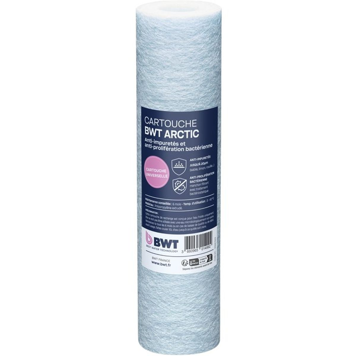 Blaue zylindrische BWT Arctic Filterkartusche mit schwarzem Etikett.