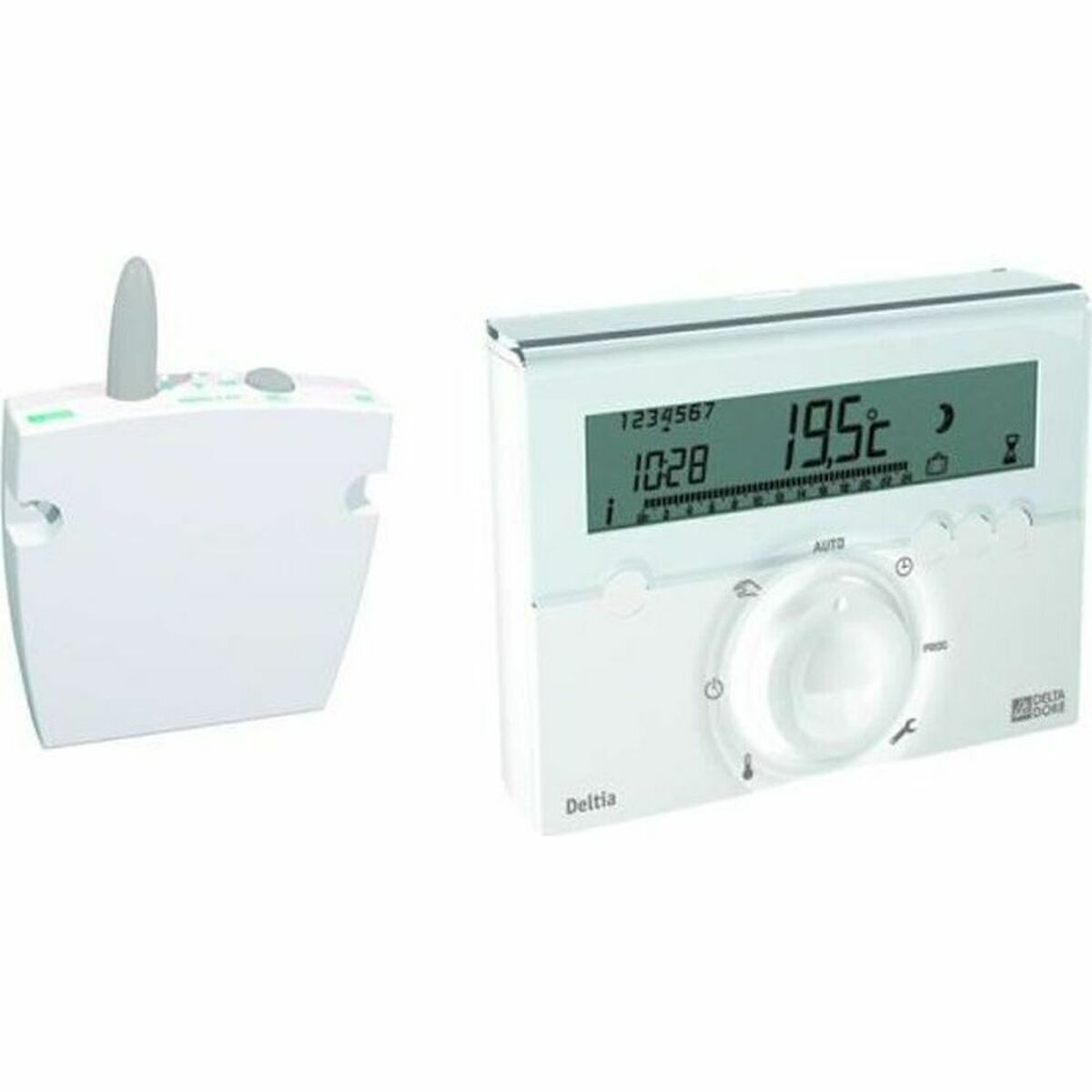 Ein weißer digitaler Thermostat mit LCD-Display und ein weißes Funkmodul mit grauer Antenne auf weißem Hintergrund.