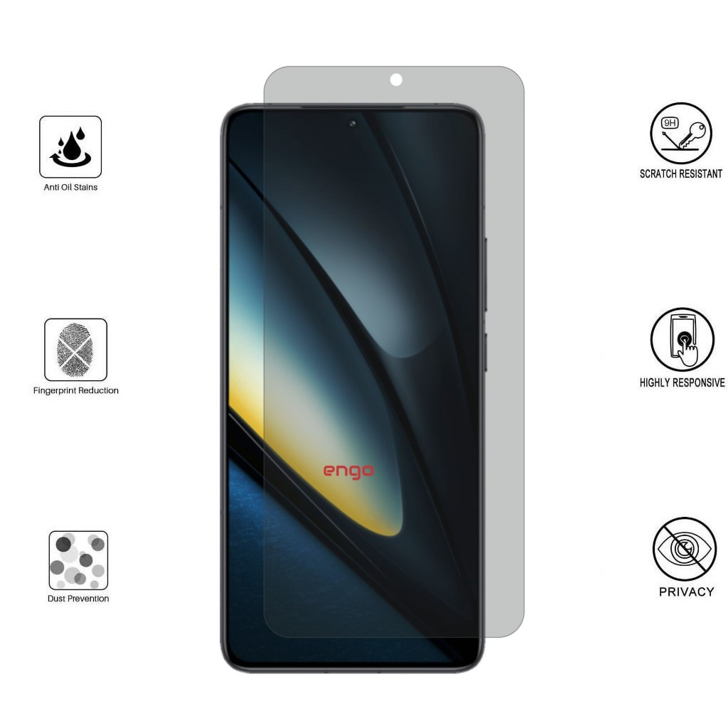 Çizilmeye dayanıklılık, yağ itici ve gizlilik simgeleriyle çevrili ekran koruyuculu akıllı telefon.