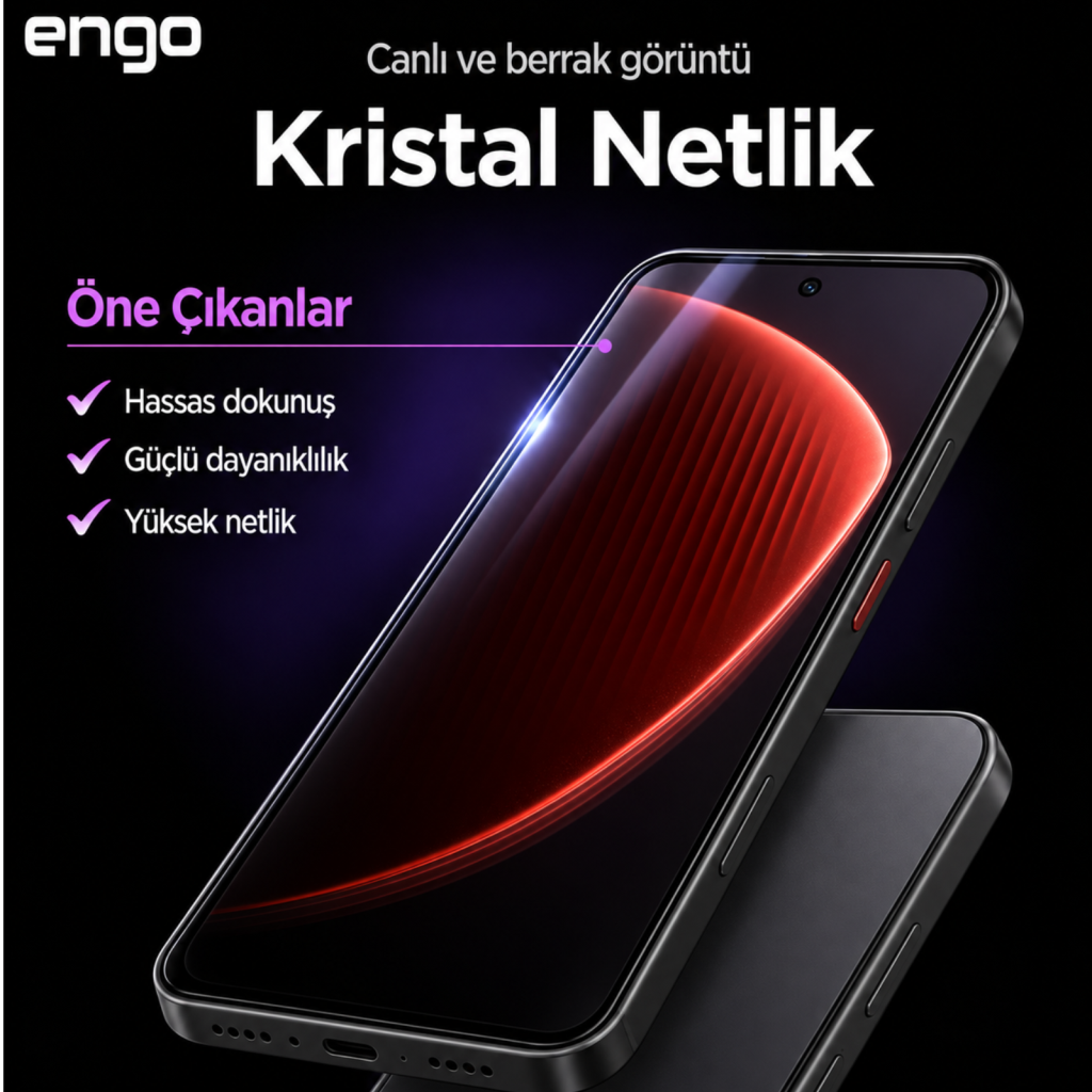 Kavisli ekranlı akıllı telefon, kırmızı soyut arka plan ve ekran netliğini vurgulayan metin.