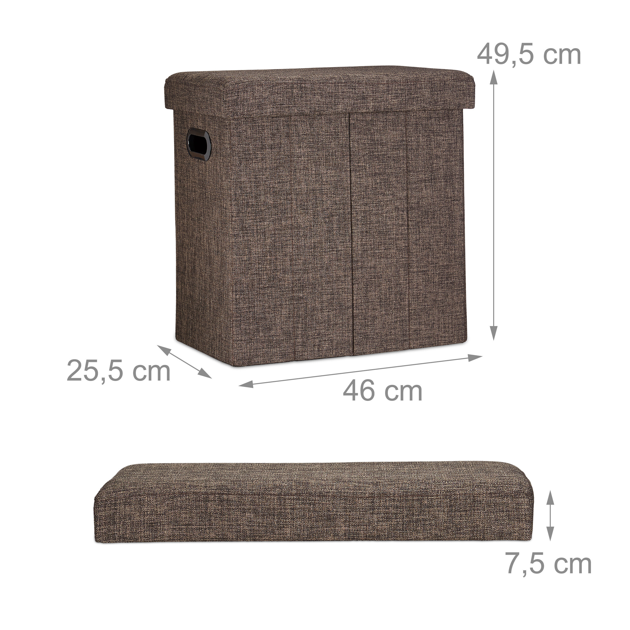 Braune Textil-Sitzbank mit Maßen 46x25,5x49,5 cm und separatem Polster.