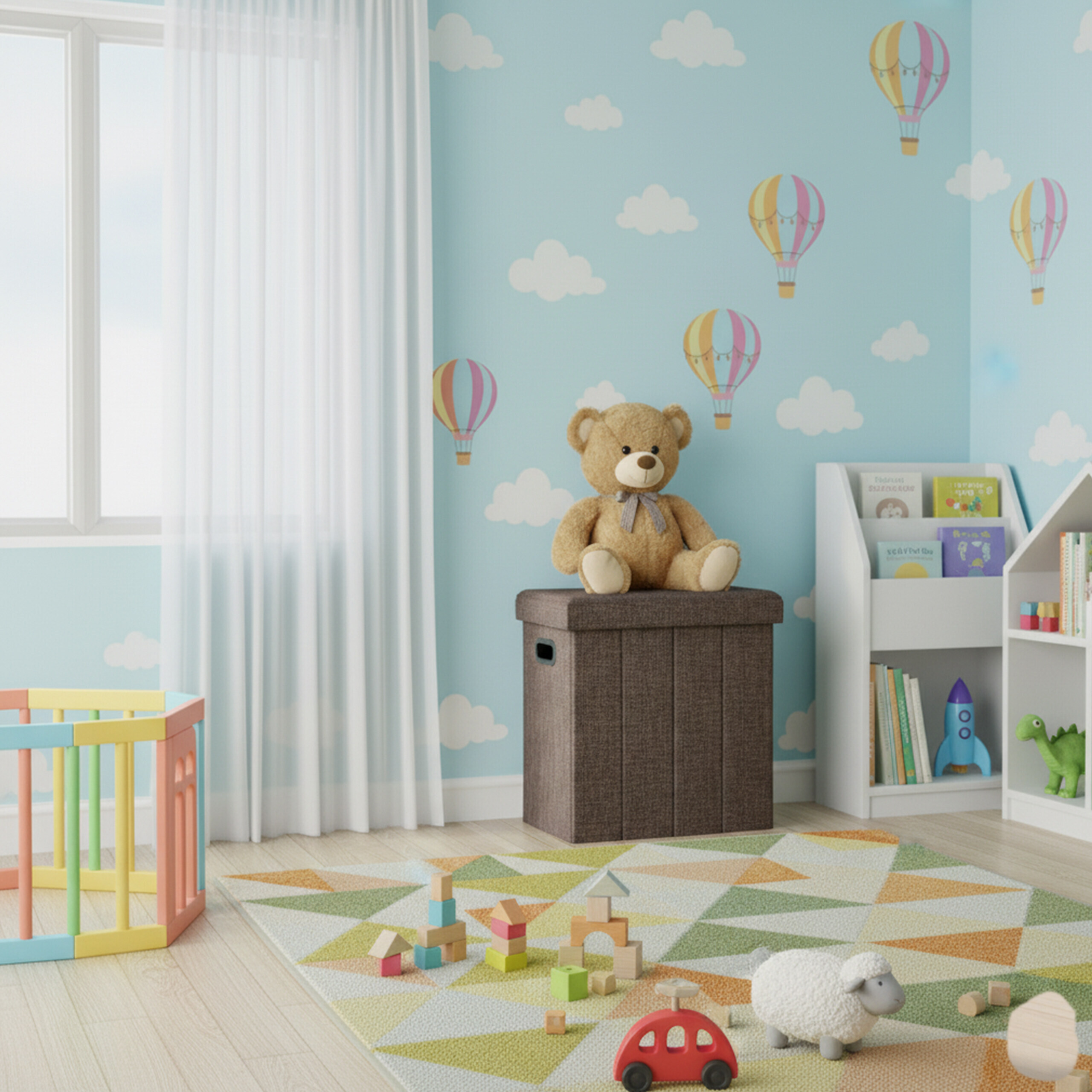 Kinderspielzimmer mit blauem Heißluftballon-Wandbild, Teddymacher auf einer Truhe und bunten Holzspielzeugen.