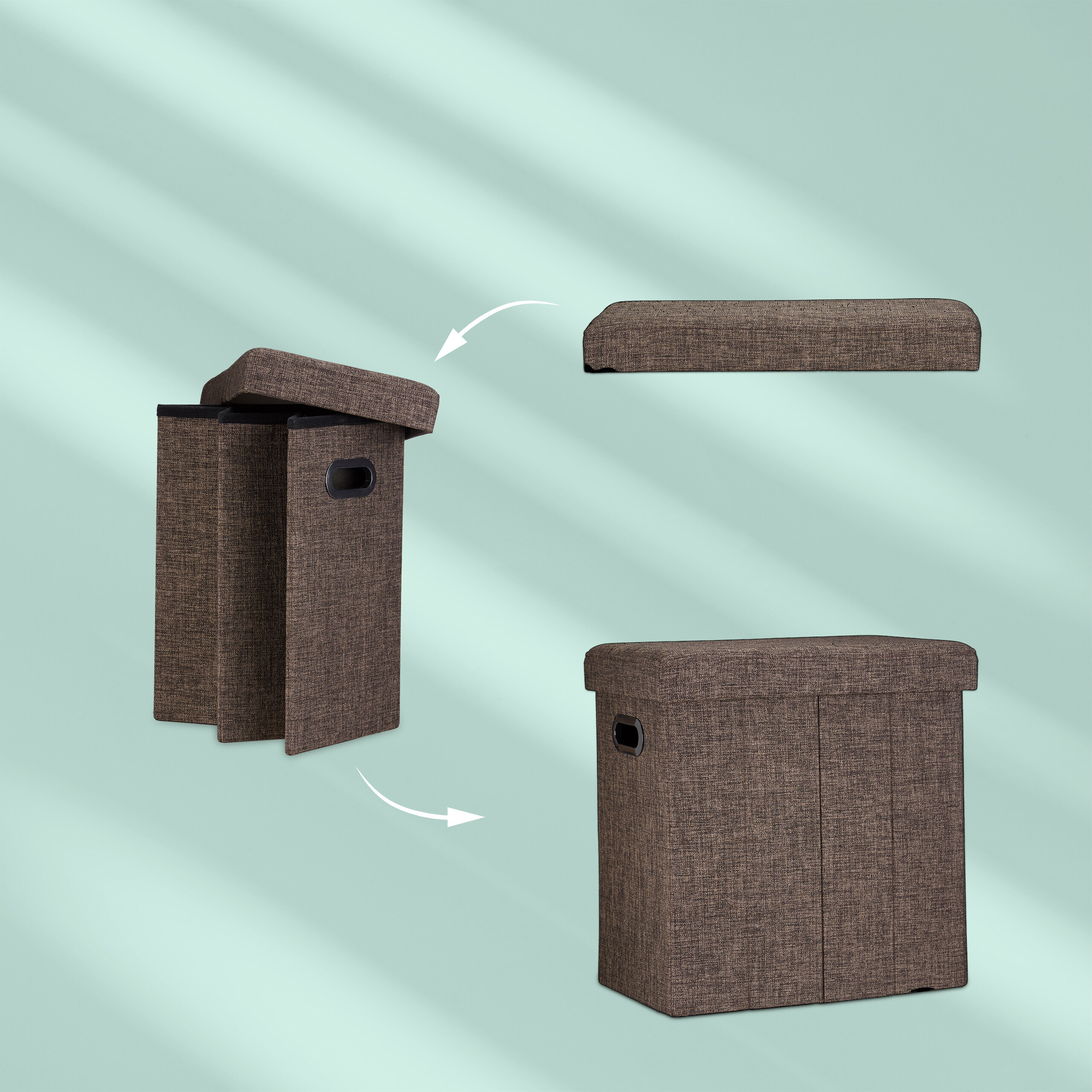 Ein brauner Stoff-Aufbewahrungshocker, der sich falten lässt, mit separatem Deckel und aufgebauter Box auf türkisem Grund.