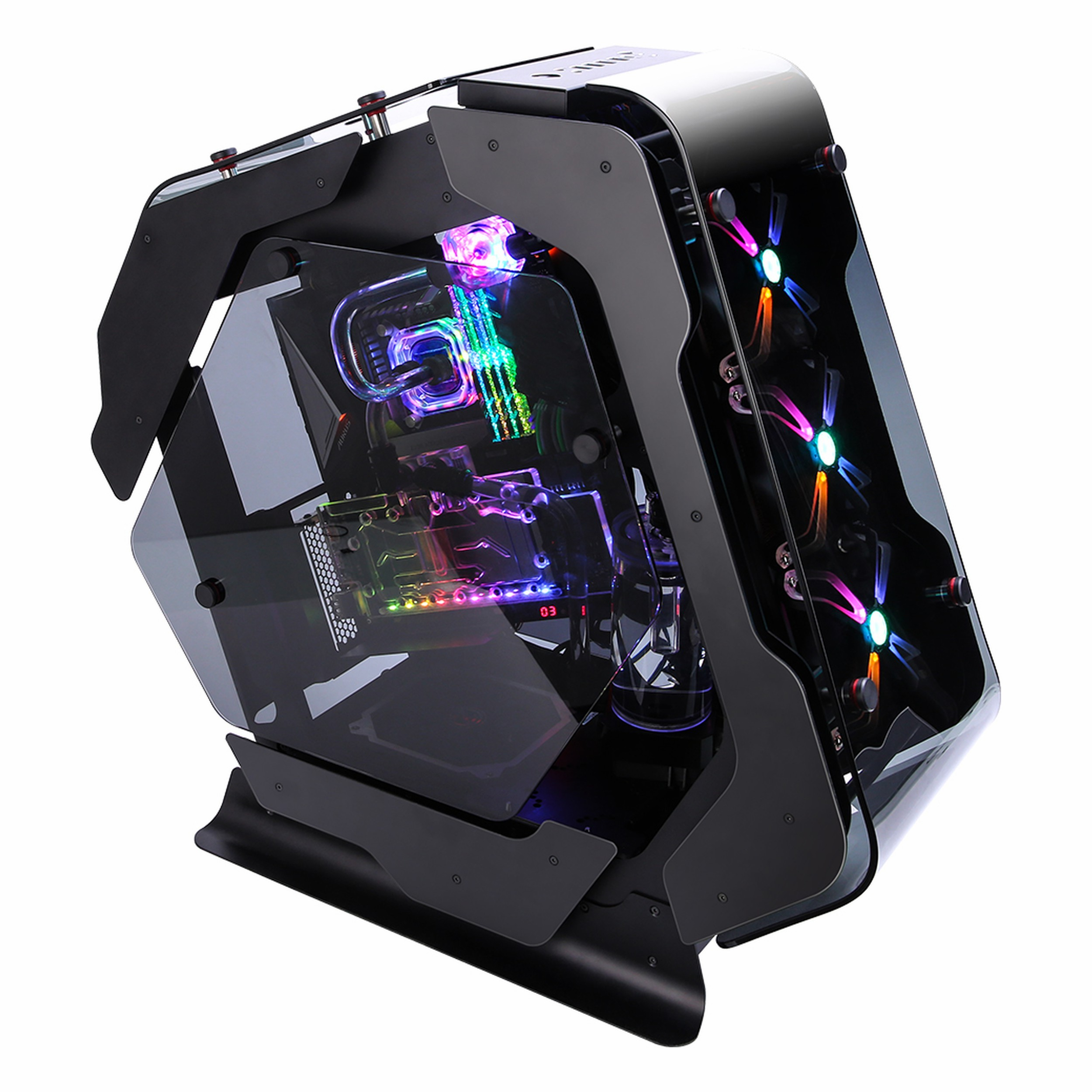 Cam yanlara ve renkli RGB fanlara sahip modern siyah bilgisayar kasası.