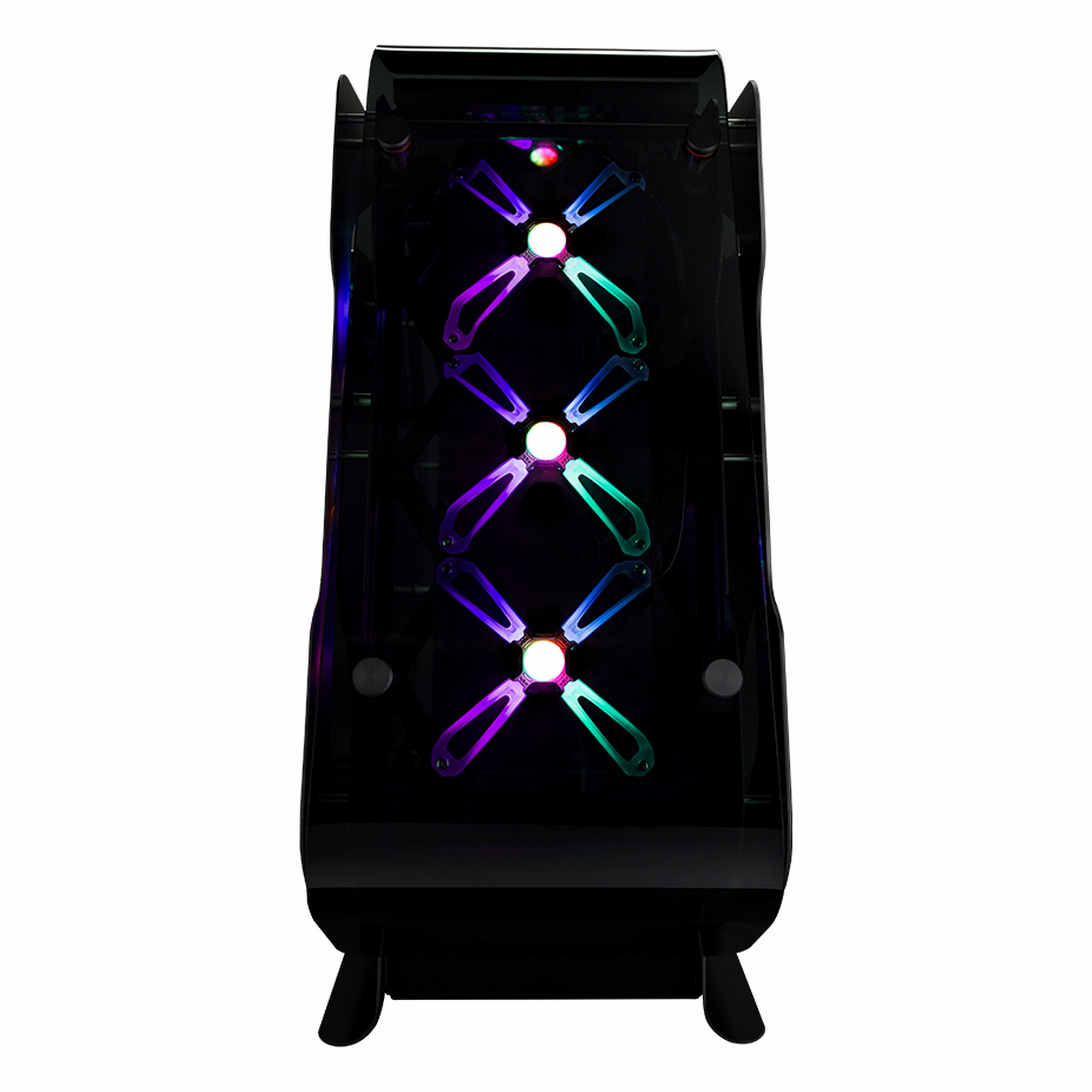 Beyaz arka plan üzerinde cam ön panele ve dikey olarak hizalanmış üç RGB fana sahip siyah PC kasası.