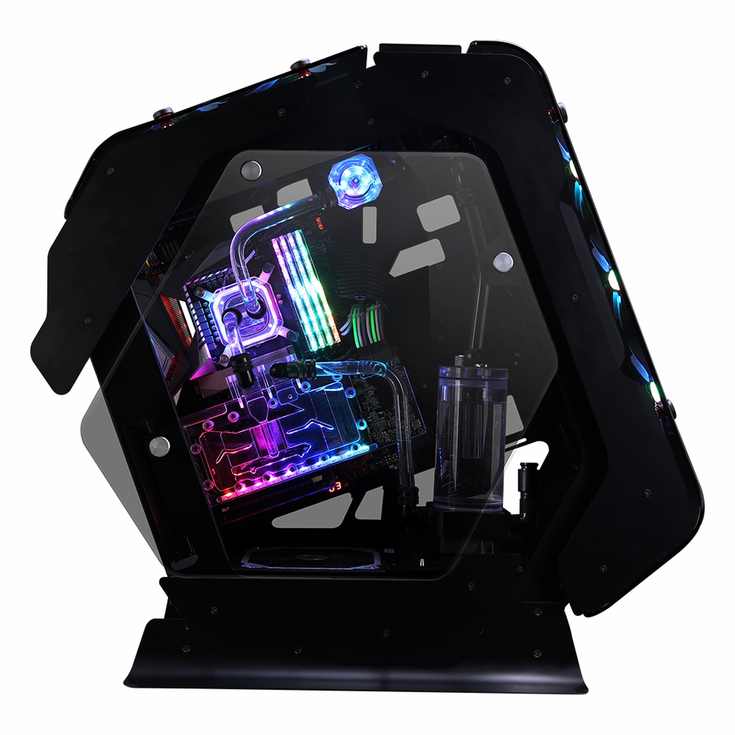 Cam yan panellere, sıvı soğutmaya ve canlı RGB aydınlatmaya sahip fütüristik siyah bir oyun bilgisayarı kasası.