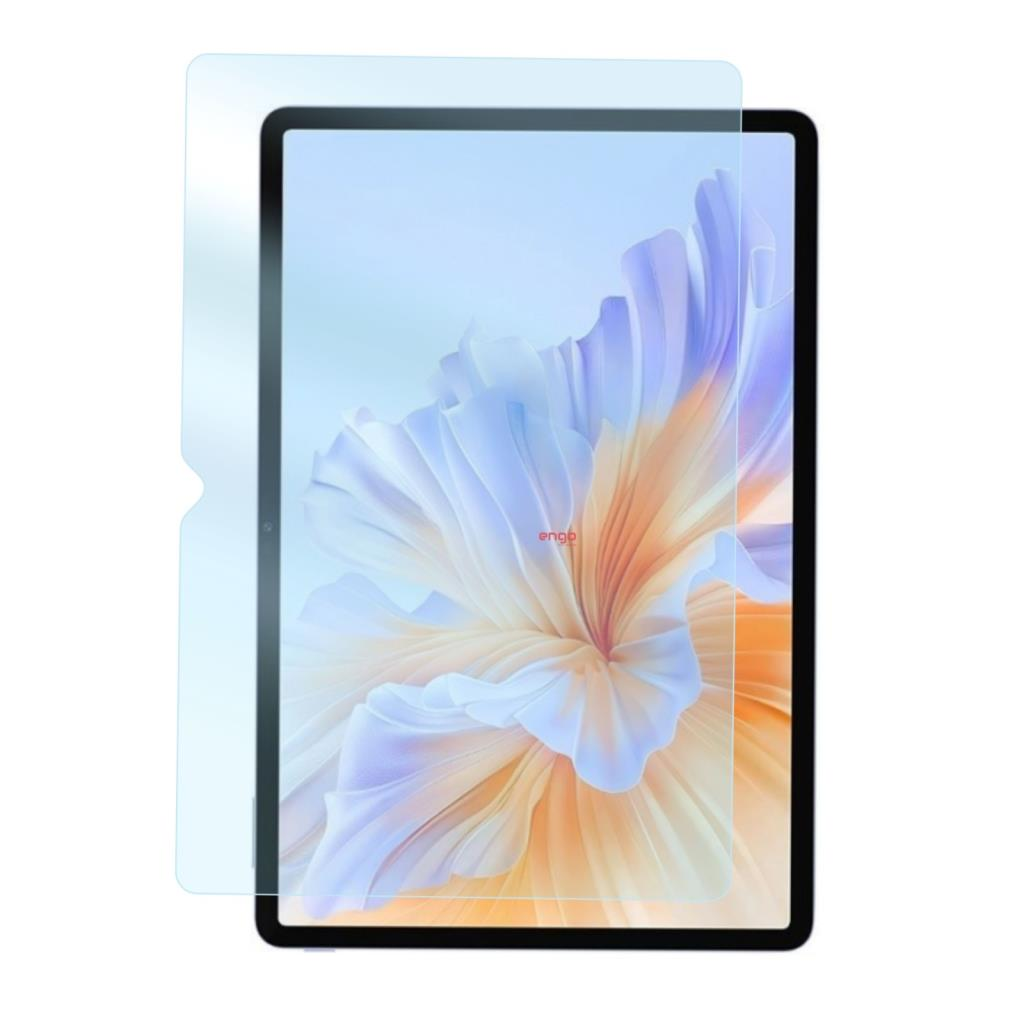 Siyah kenarlı ve üstünden hafifçe taşan mavi koruyucu filmli bir tablet.