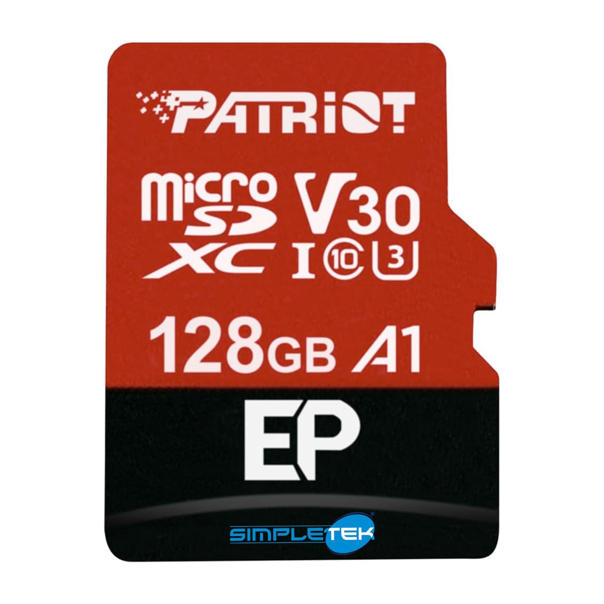 Czerwona karta pamięci MicroSDXC Patriot 128GB z logo V30, A1 i EP na białym tle.