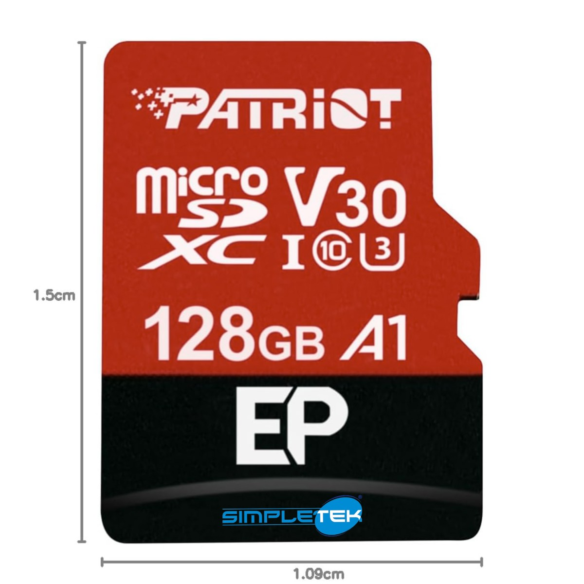 Czerwona karta pamięci Patriot 128GB MicroSDXC z klasą V30 i A1, o wymiarach 1.5cm na 1.09cm.