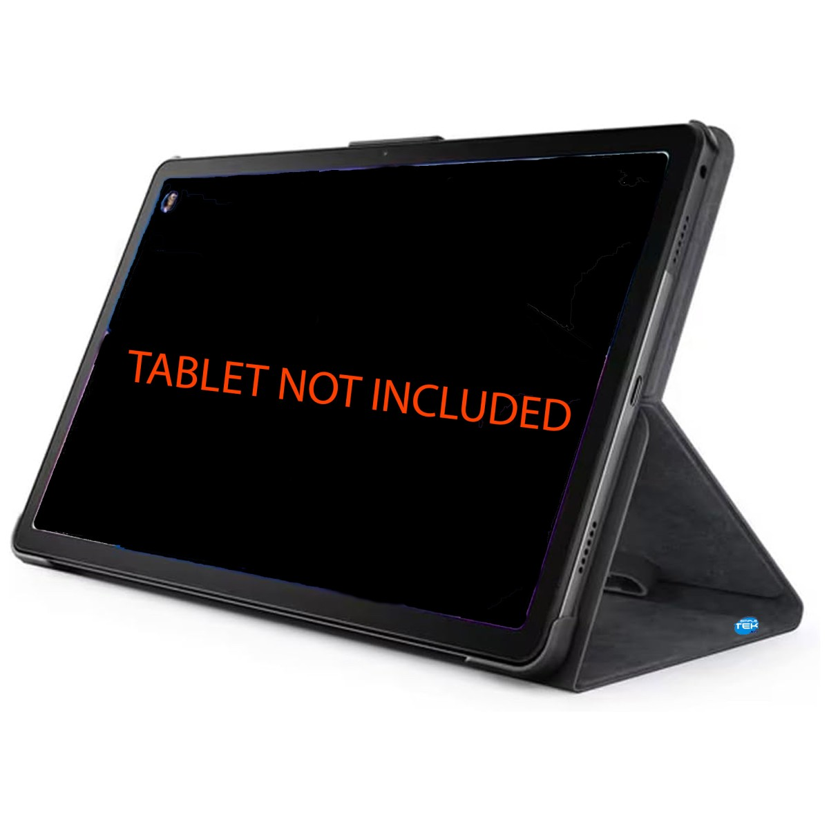 Custodia per tablet nera con supporto integrato e la scritta TABLET NOT INCLUDED sullo schermo.