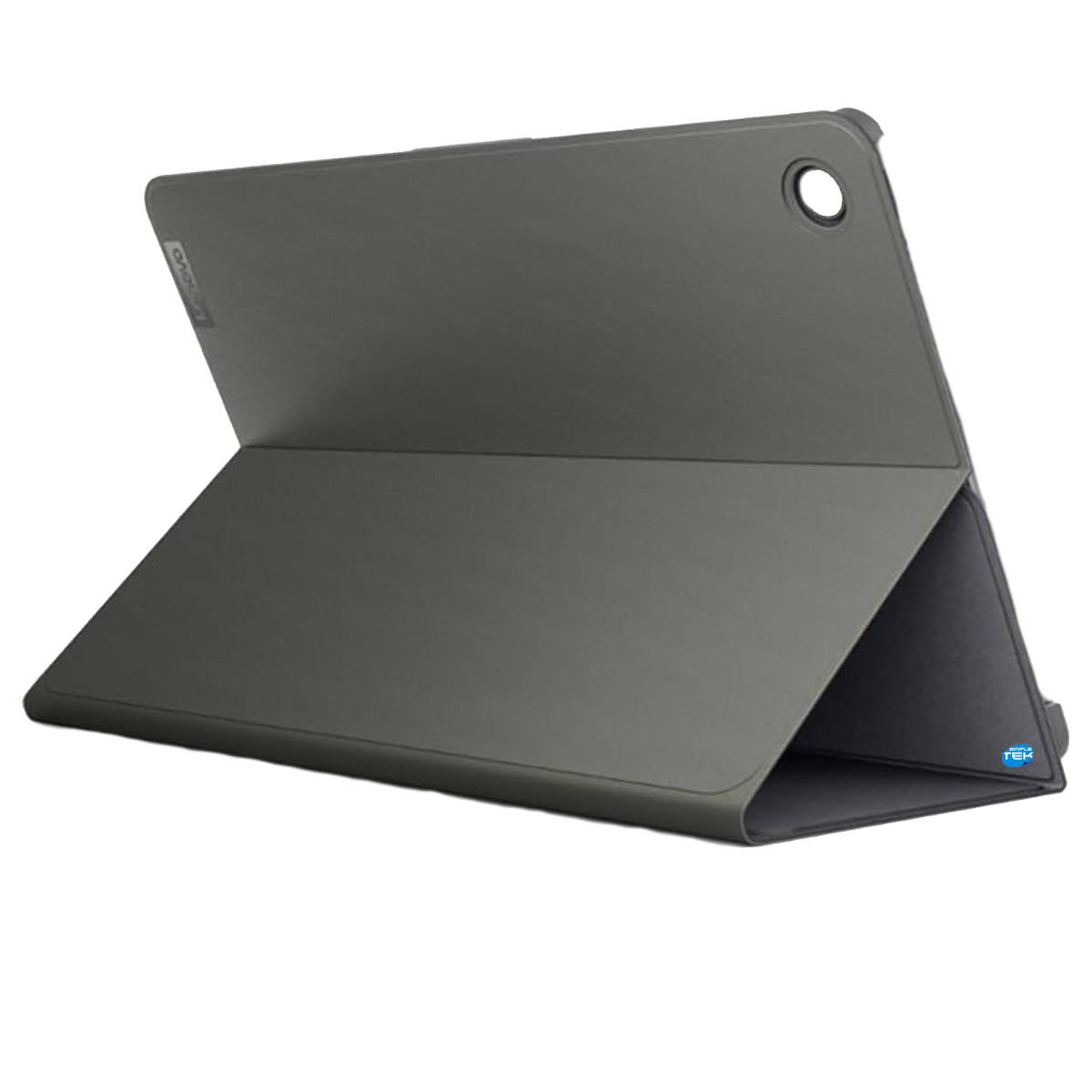 Una custodia grigia per tablet è posizionata su un supporto triangolare.