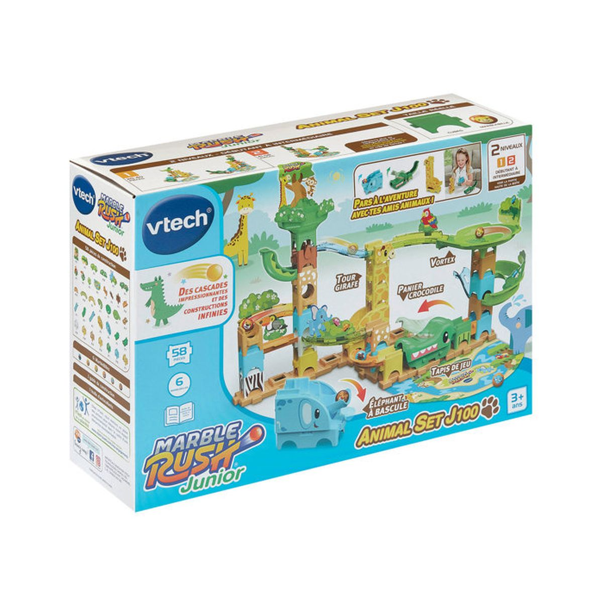 Vtech Marble Rush Junior Tierset Verpackung mit farbenfrohen Bausteinen und Tiermotiven.