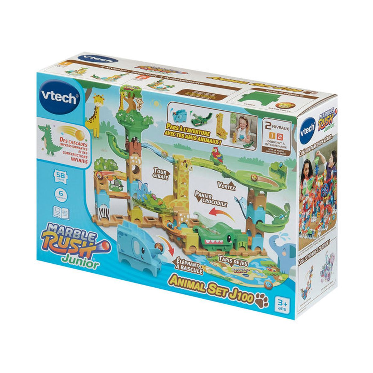 VTech Marble Rush Junior Animal Set J100 Spielzeugverpackung mit bunten Tier-Kugelbahnen.