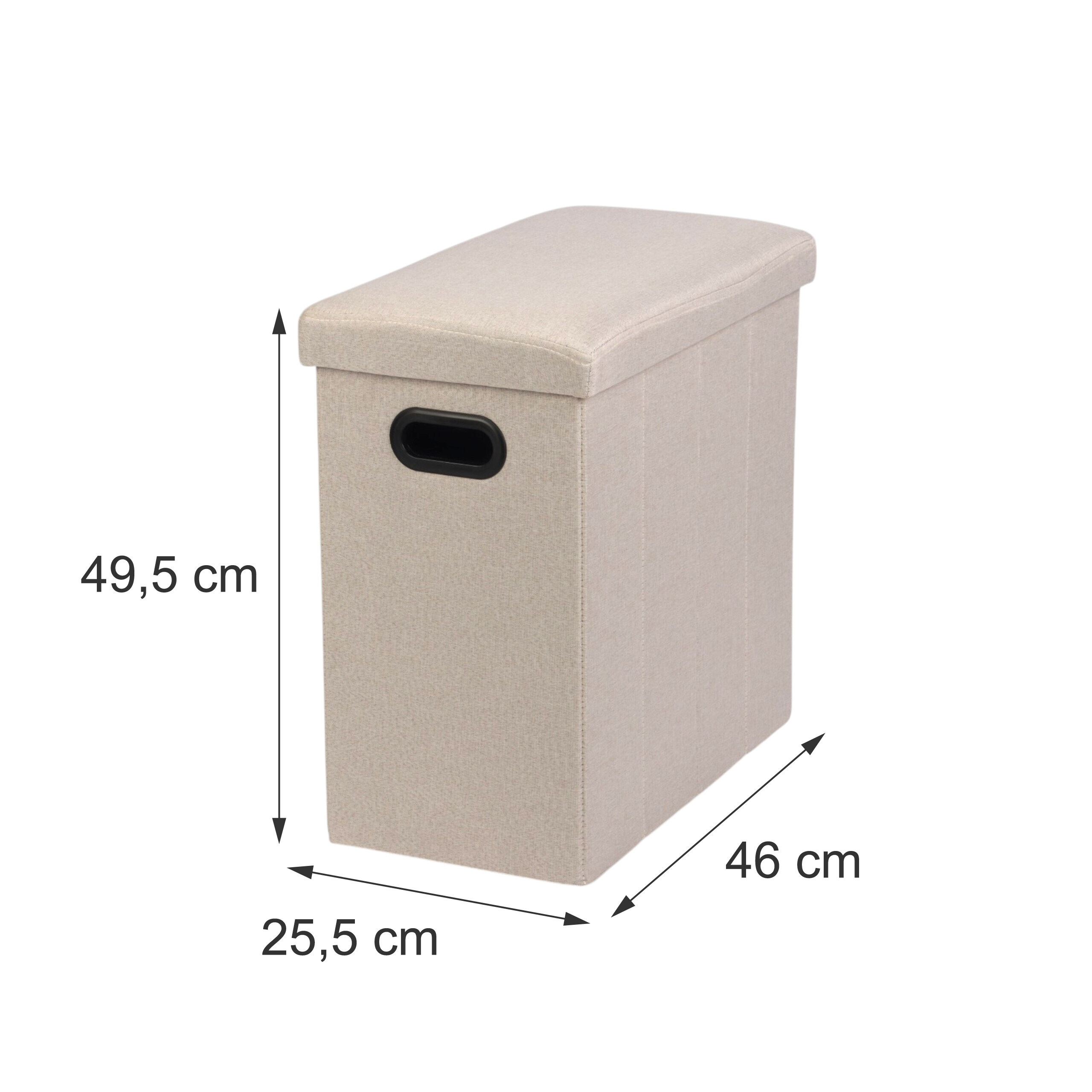 Beiger Aufbewahrungshocker mit Griff und Maßen von 49,5x25,5x46 cm.