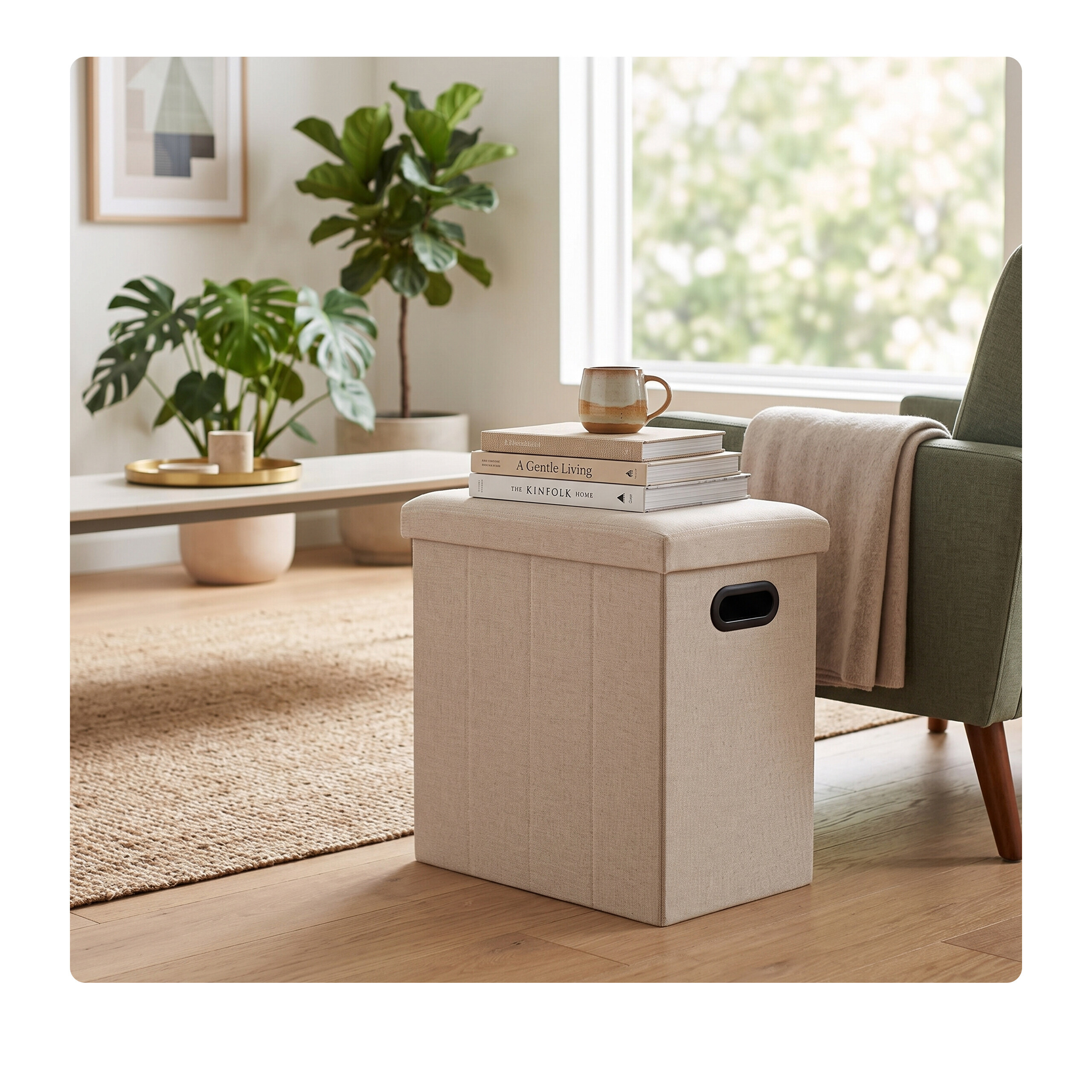 Ein beige Hocker mit Büchern und Tasse steht vor einem grünen Sessel in einem hellen Raum.