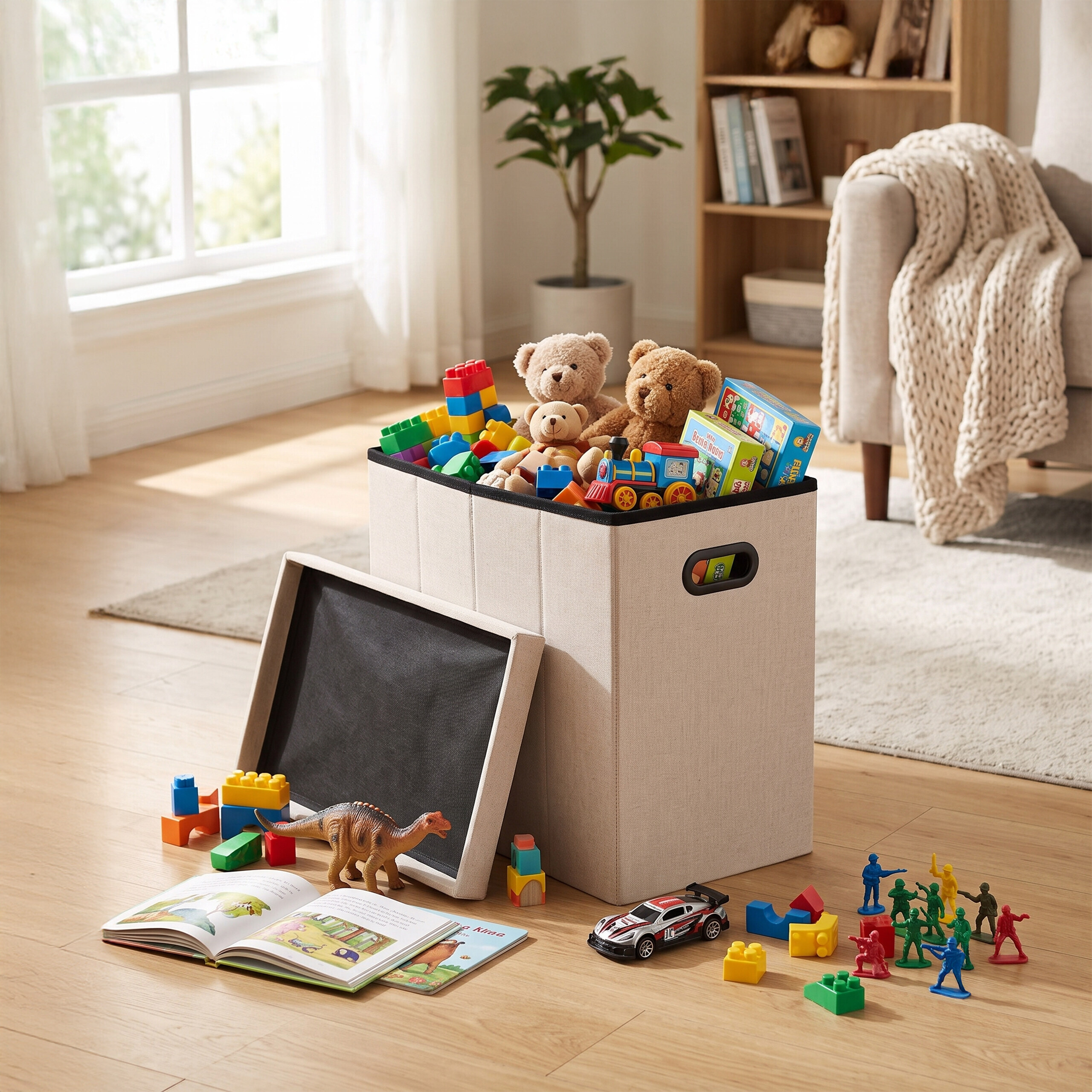 Ein Beigefarbener Spielzeug-Aufbewahrungskorb ist mit Teddybären, Bausteinen und Spielzeug gefüllt; ein Buch und Figuren liegen davor.
