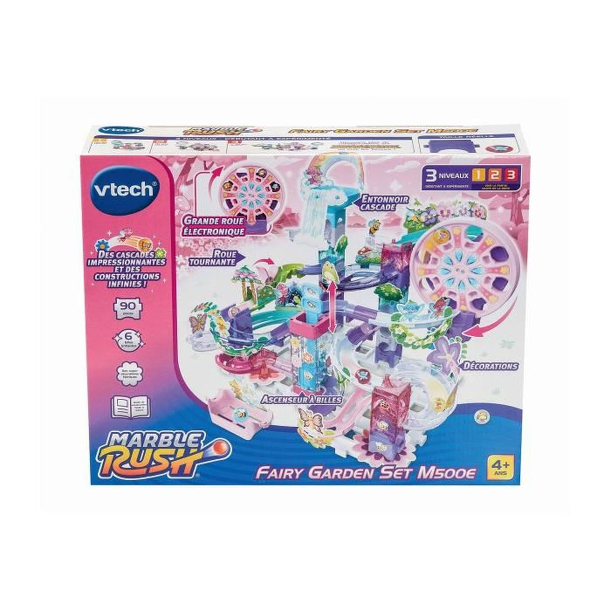VTech Marble Rush Feen-Garten-Set Spielzeugverpackung mit bunten Murmelbahnen.