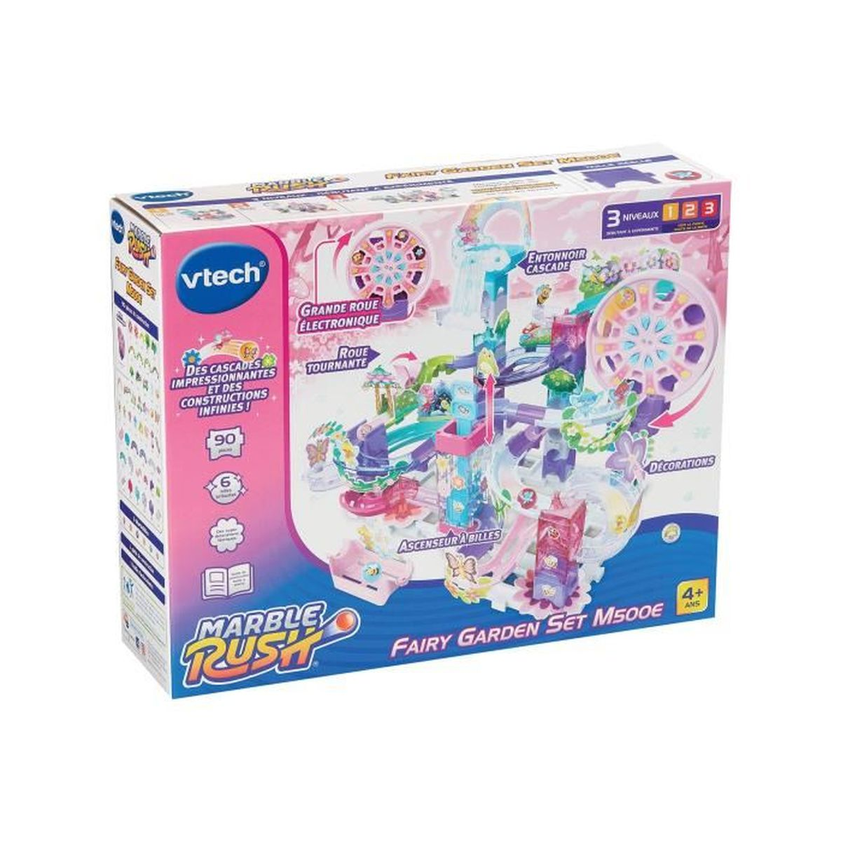 VTech Marble Rush Feen-Garten-Set Spielzeugverpackung mit bunten Murmelbahnen, Rädern und Aufzügen auf rosa Hintergrund.