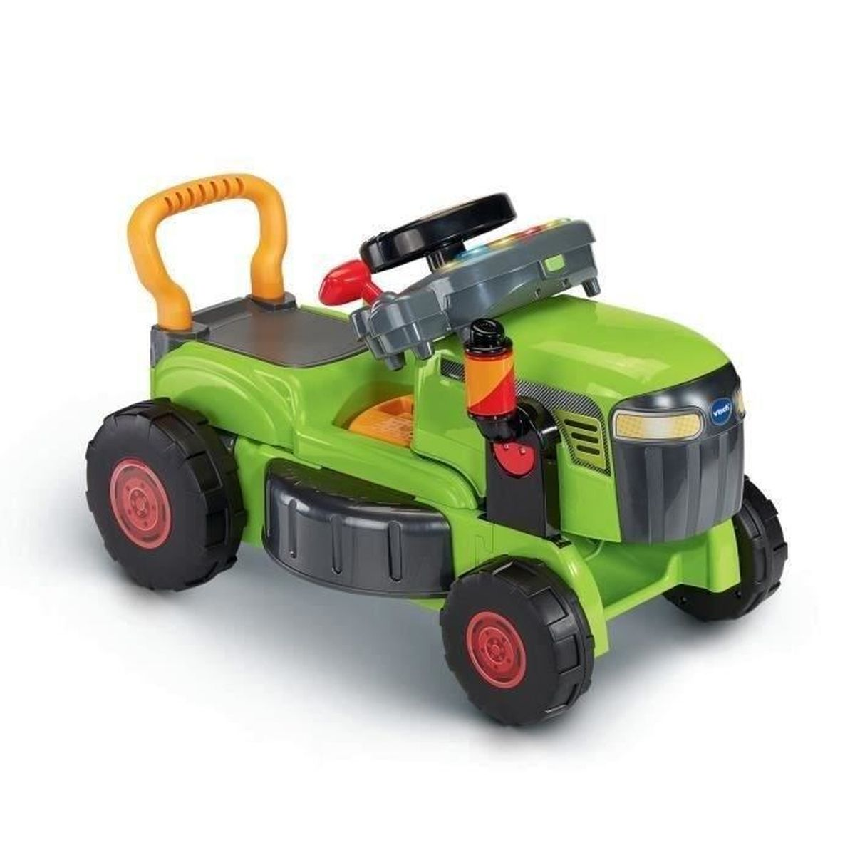 Ein grünes Kinderrutschauto im Traktordesign mit Lenkrad, gelbem Griff und großen schwarzen Rädern.