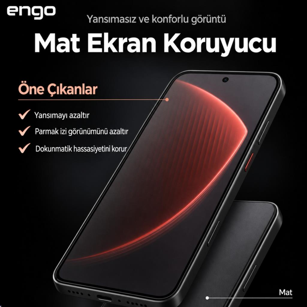 Türkçe metinli ve ekranında kırmızı arka plan bulunan bir akıllı telefonda mat ekran koruyucu reklamı.