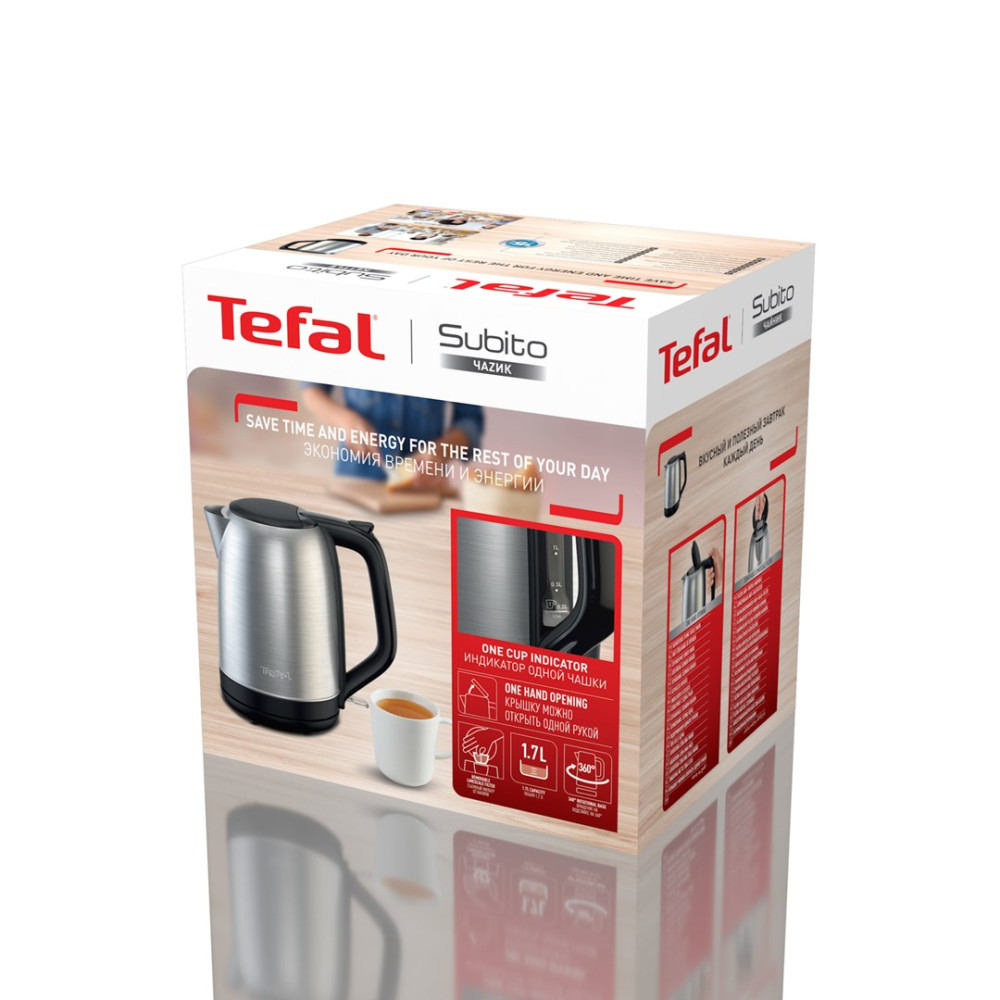 Opakowanie produktu czajnika Tefal Subito ze stali nierdzewnej z filiżanką herbaty.