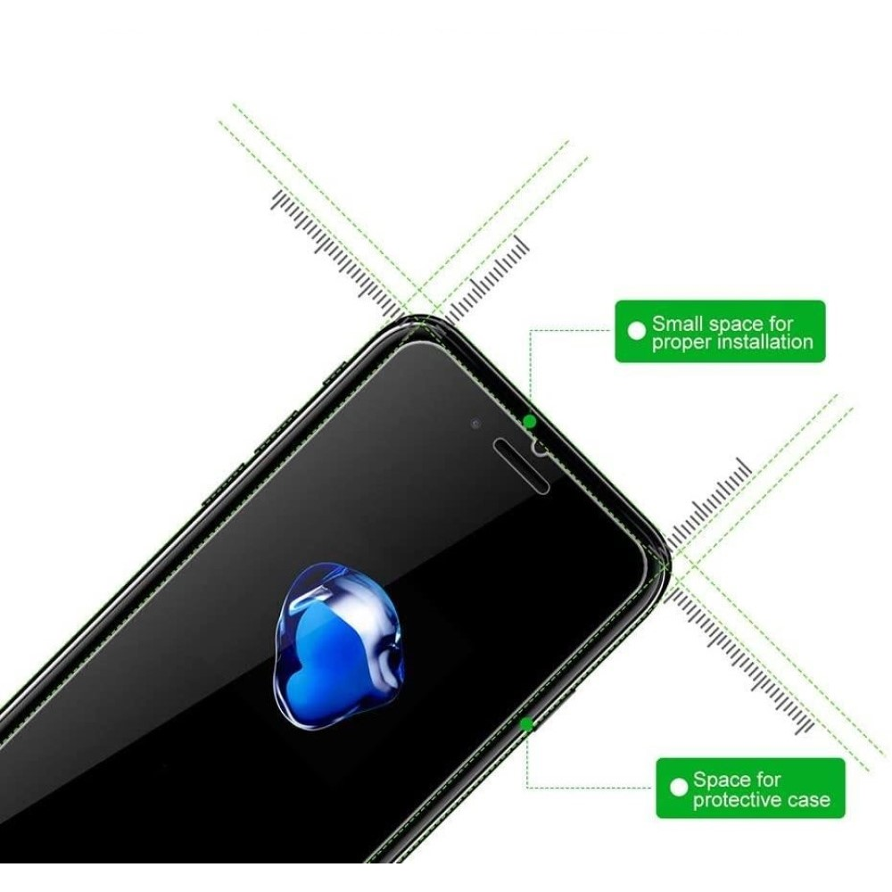 Ekran koruyuculu, kurulum kılavuzlu ve yeşil işaretli kenarlı akıllı telefon.