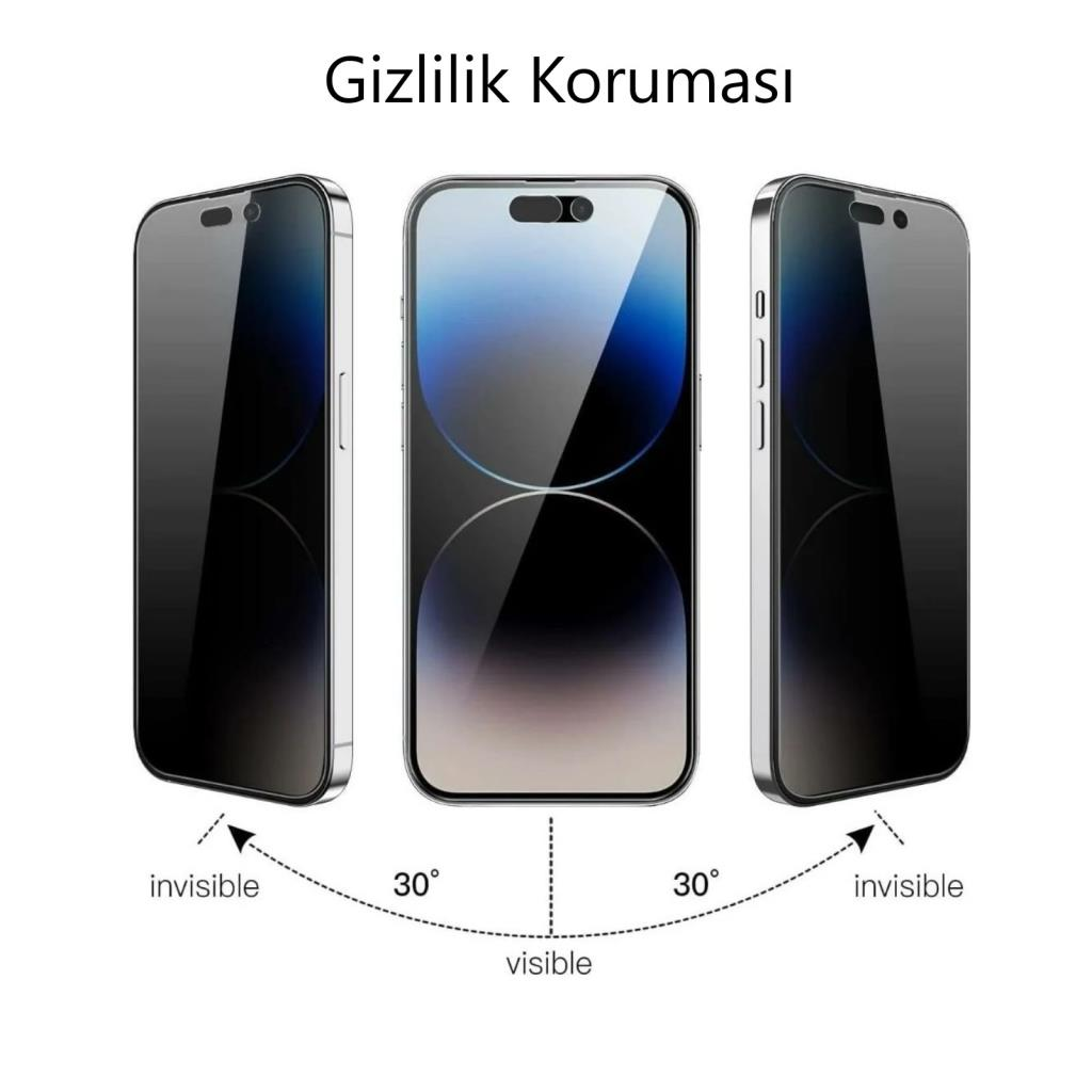 Üç akıllı telefon, 30 derecelik gizlilik ekranı korumasını gösteriyor.