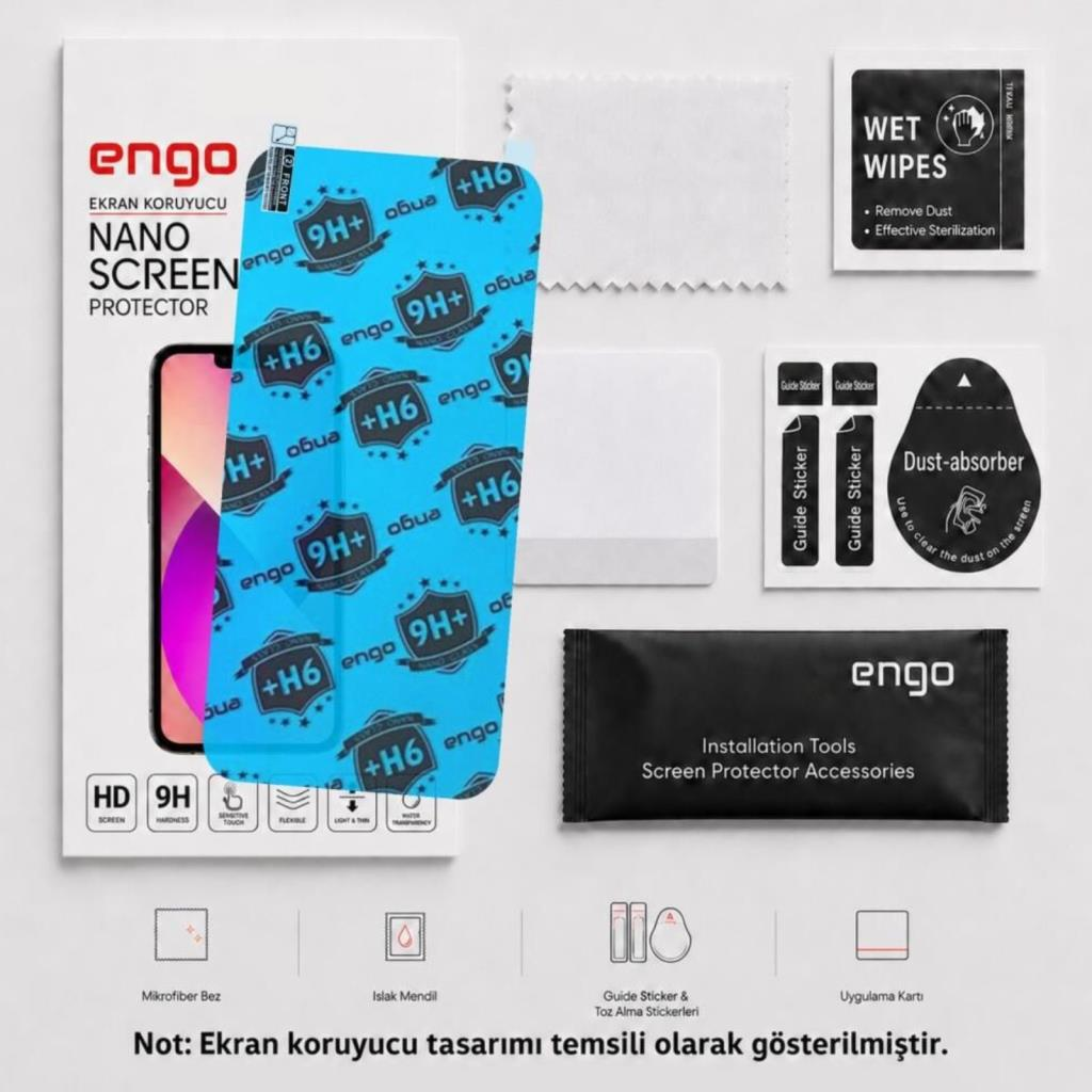 Temizlik bezi, ıslak mendil, toz alıcı ve montaj araçları içeren Engo Nano ekran koruyucu kiti.