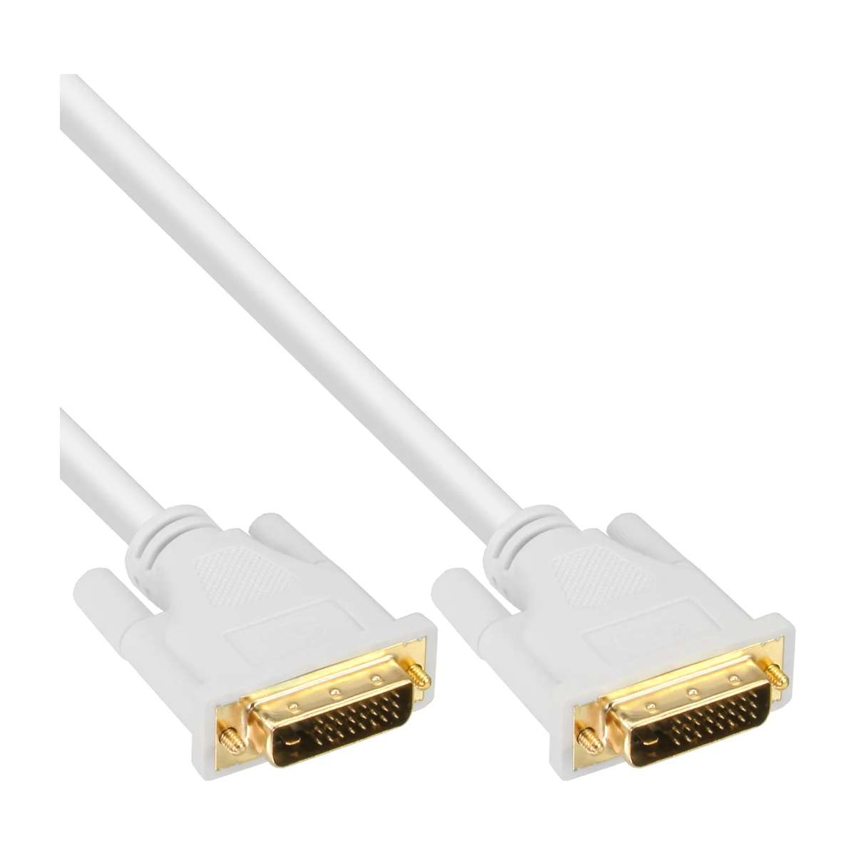 Een witte DVI-D dual link videokabel met vergulde aansluitingen tegen een witte achtergrond.