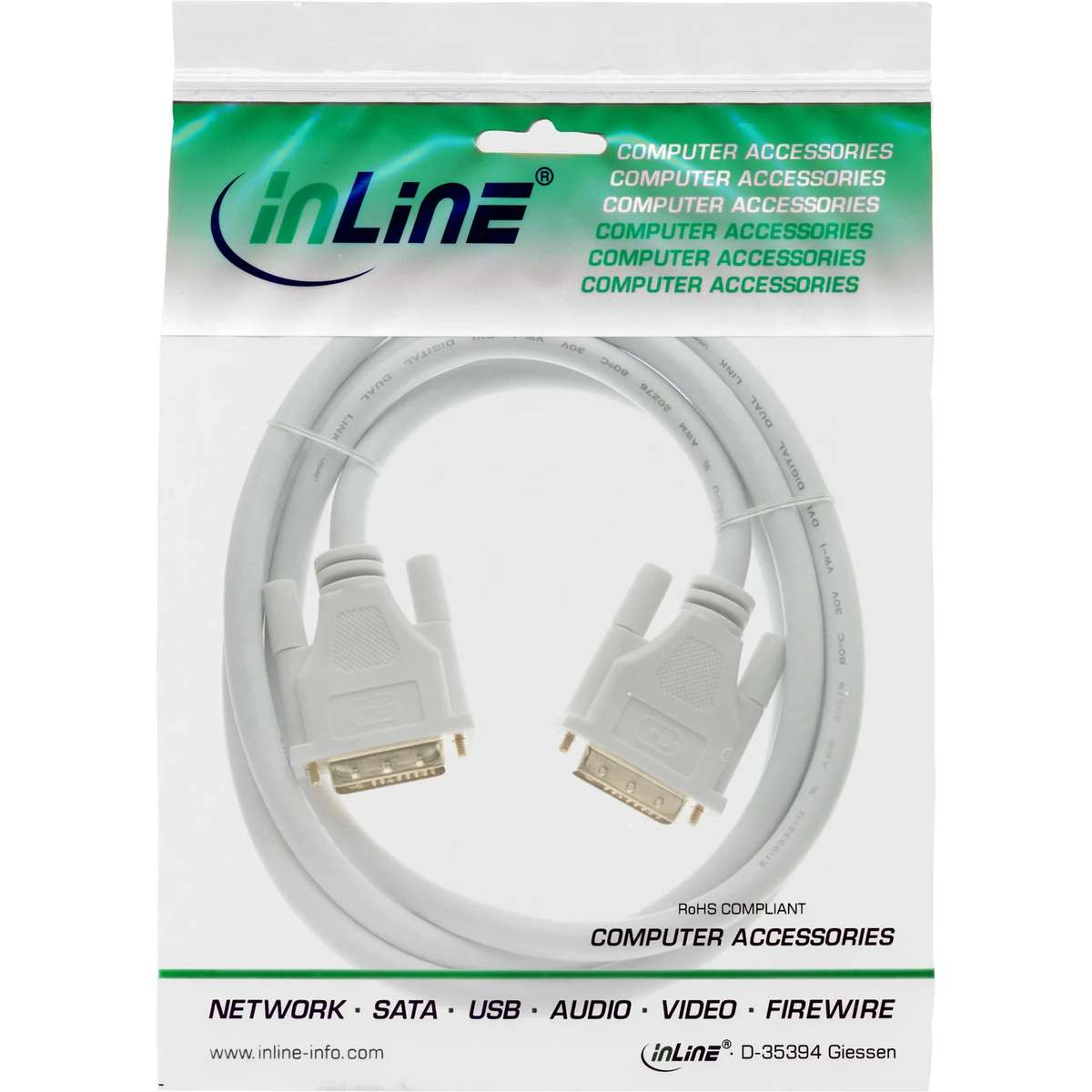 Een opgerolde witte DVI-kabel in een plastic zak met InLine verpakking.