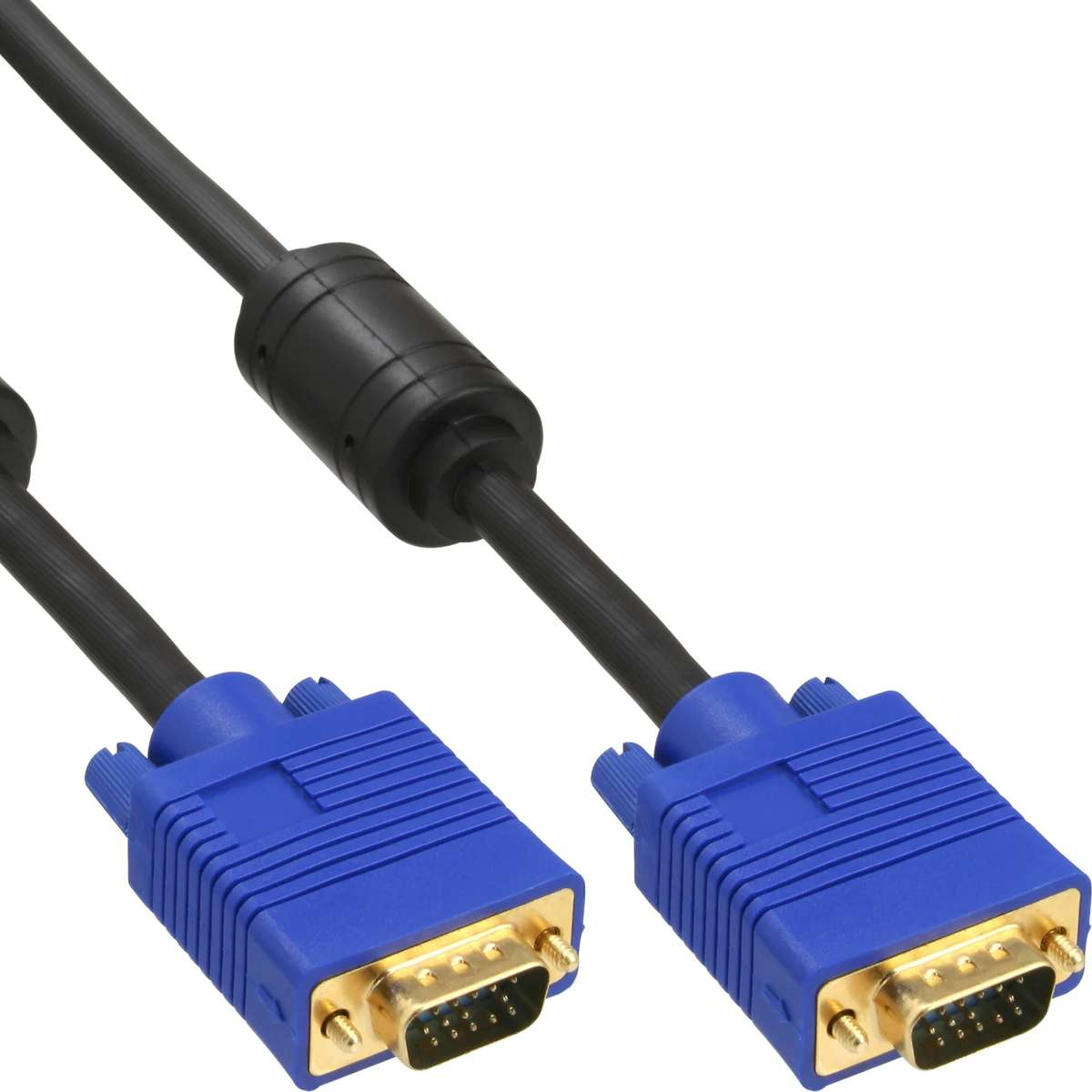 Ein VGA-Kabel mit blauen Steckern und einem schwarzen Ferritkern auf weißem Hintergrund.