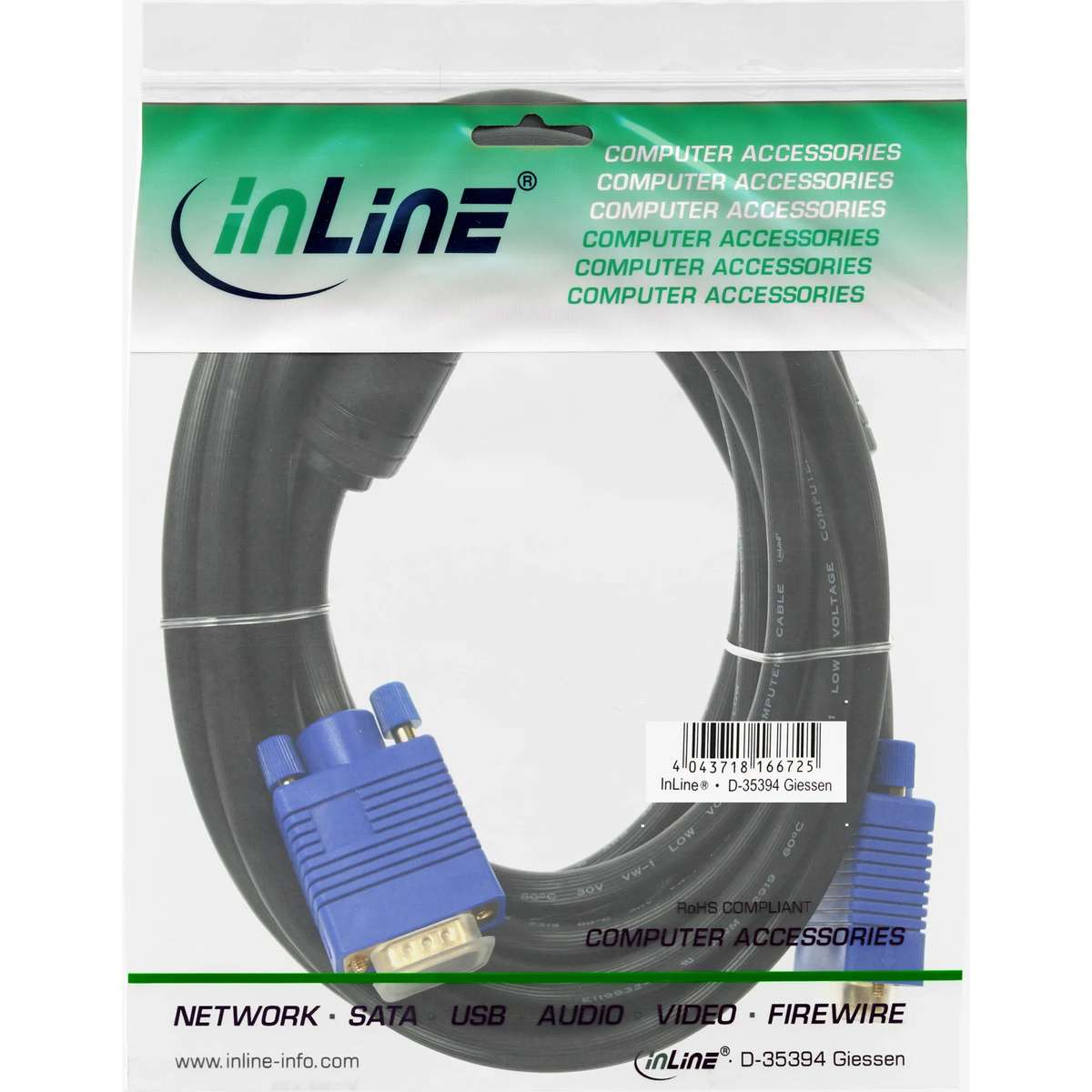 Verpacktes InLine VGA-Kabel in einer Plastiktüte mit grüner Beschriftung.