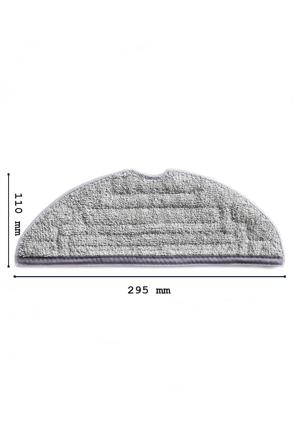 295 mm genişliğinde ve 110 mm yüksekliğinde gri, yarı daire şeklinde paspas bezi.