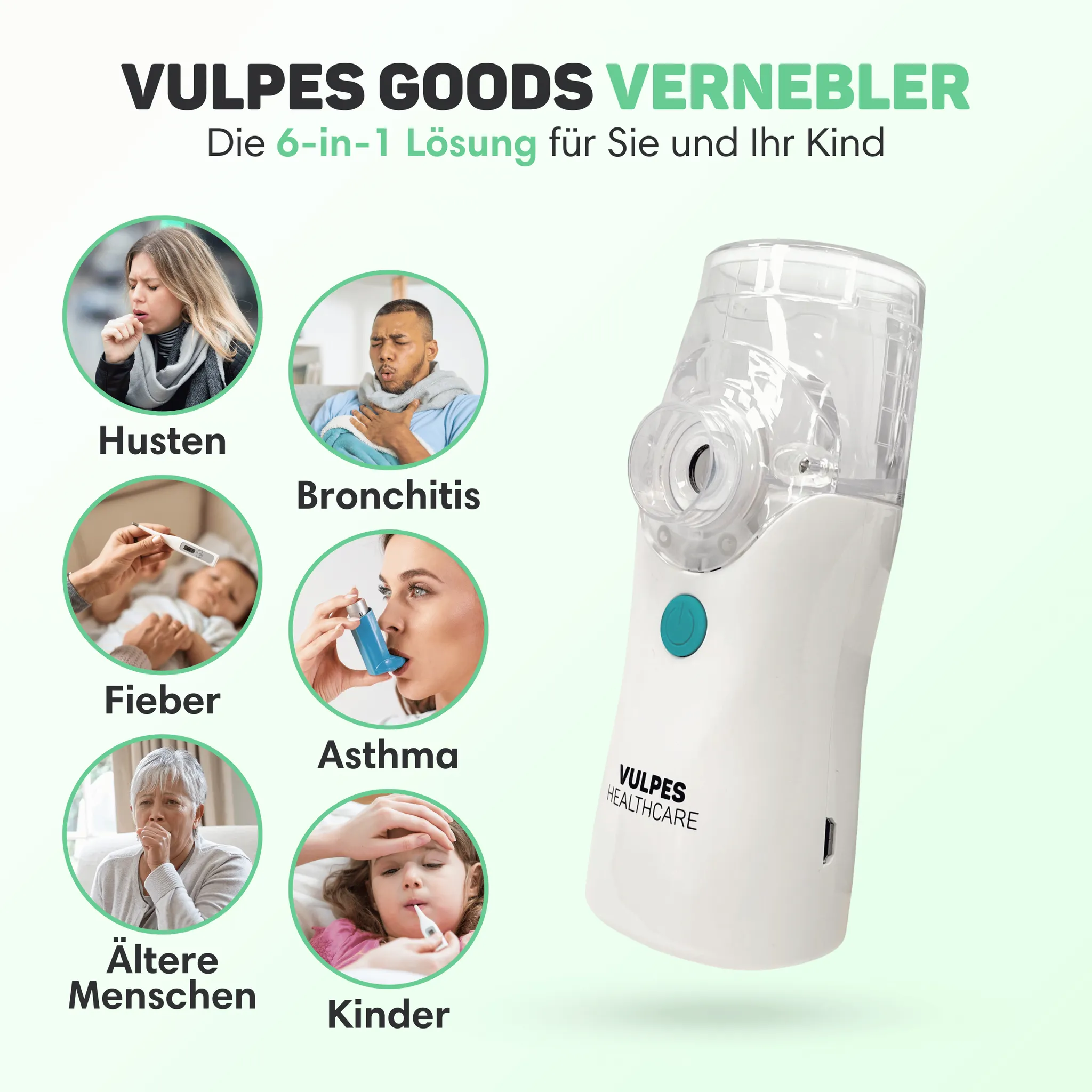 Ein weißer tragbarer Inhalator neben sechs runden Bildern mit Menschen mit Husten, Bronchitis, Fieber und Asthma.
