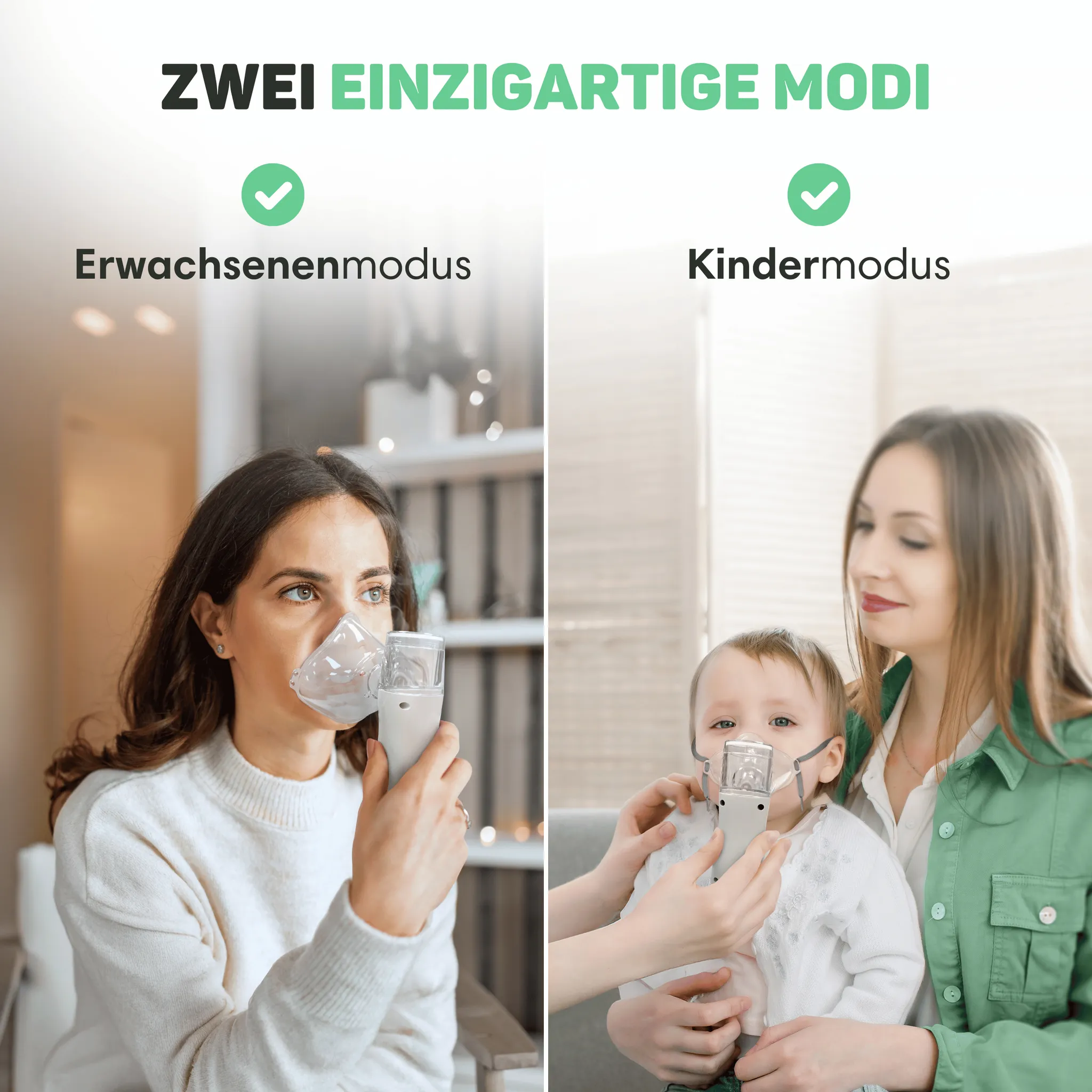 Vergleich zweier Inhalationsmodi: Erwachsene und Kinder nutzen jeweils ein Nebulisiergerät.