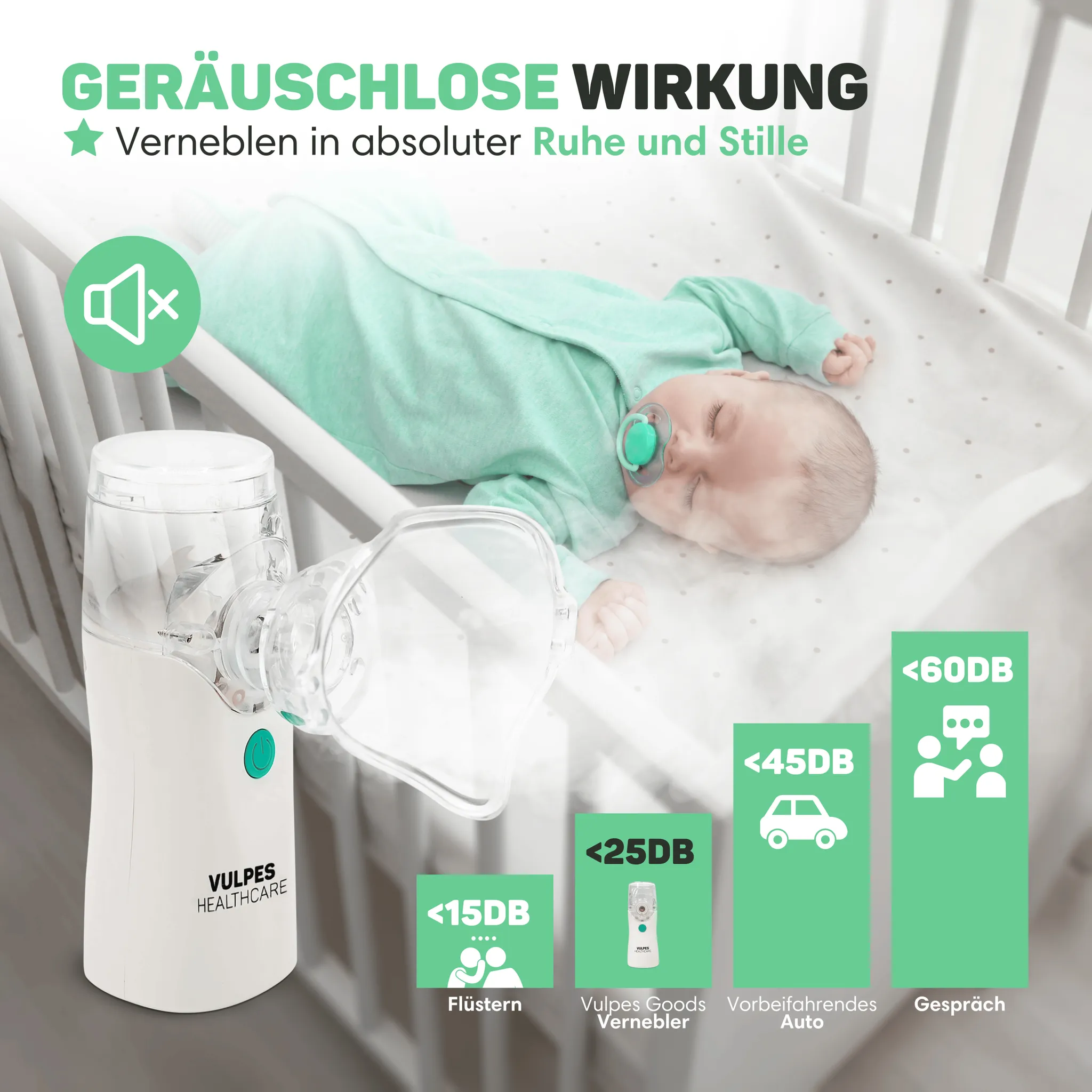 Ein Baby im Bettchen neben einem leisen Inhalationsgerät mit Dezibel-Vergleich.