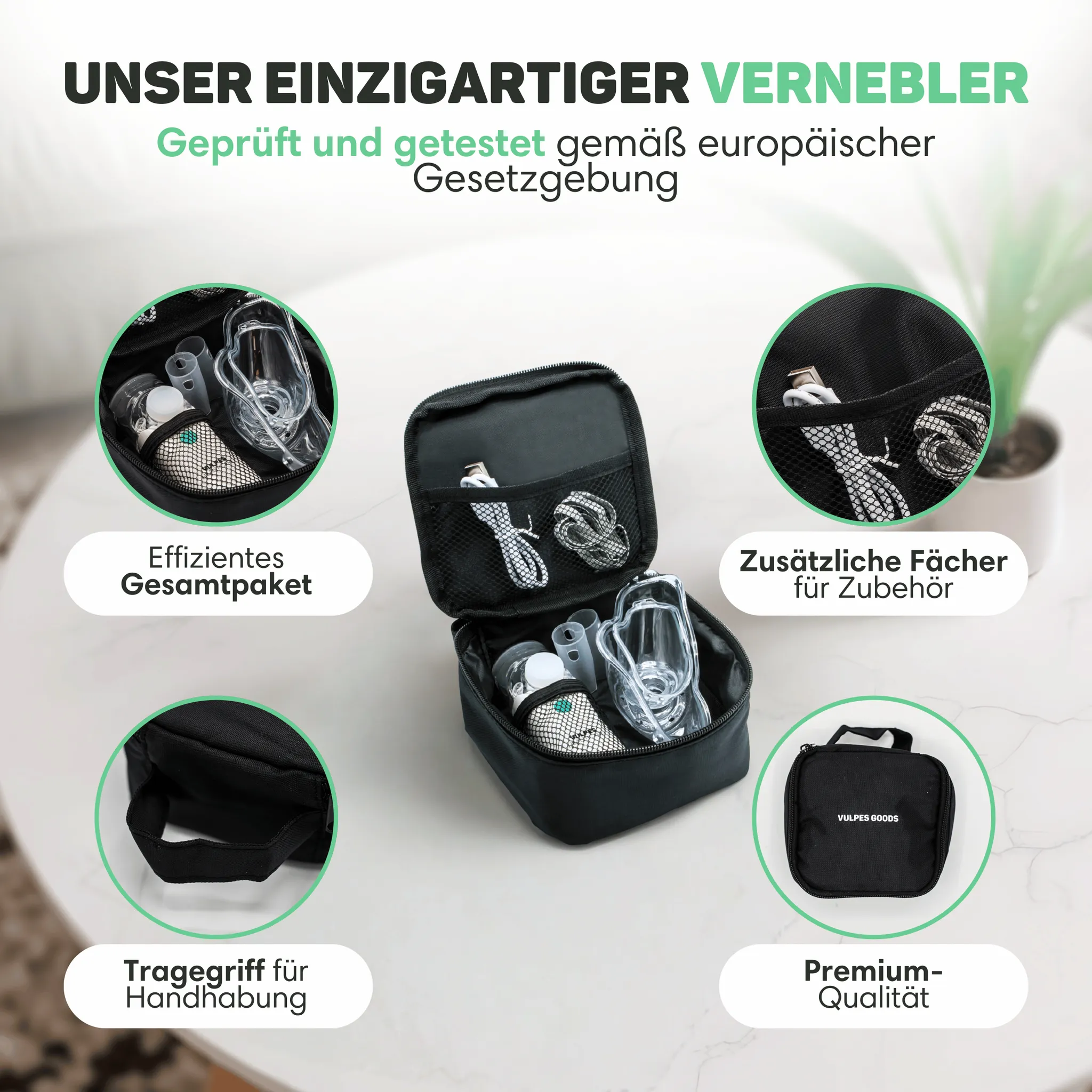 Tragetasche mit medizinischem Inhalationszubehör, Kabeln und Masken auf weißem Tisch.