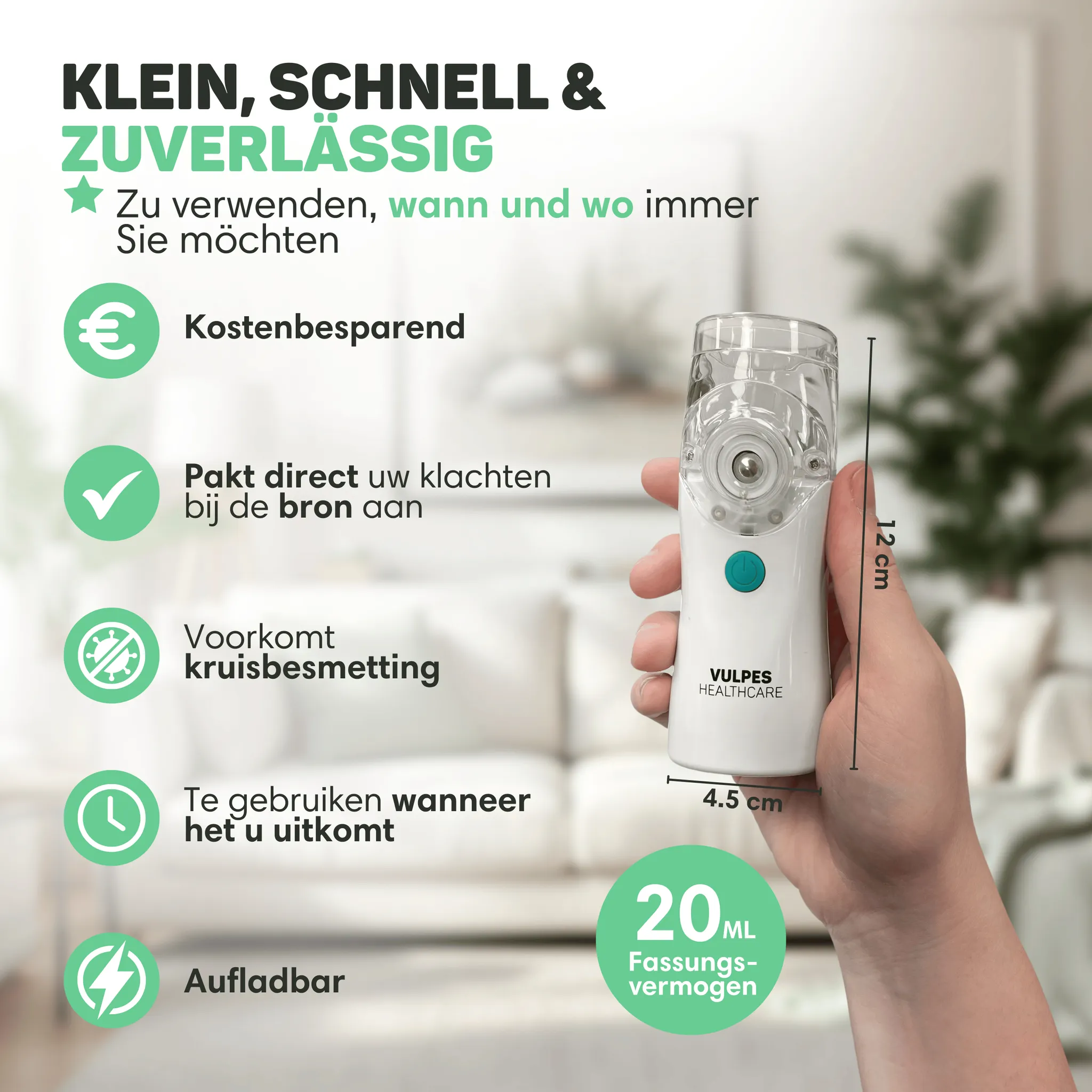Hand hält einen kompakten weißen Inhalator; Text und Symbole listen Produktvorteile auf.