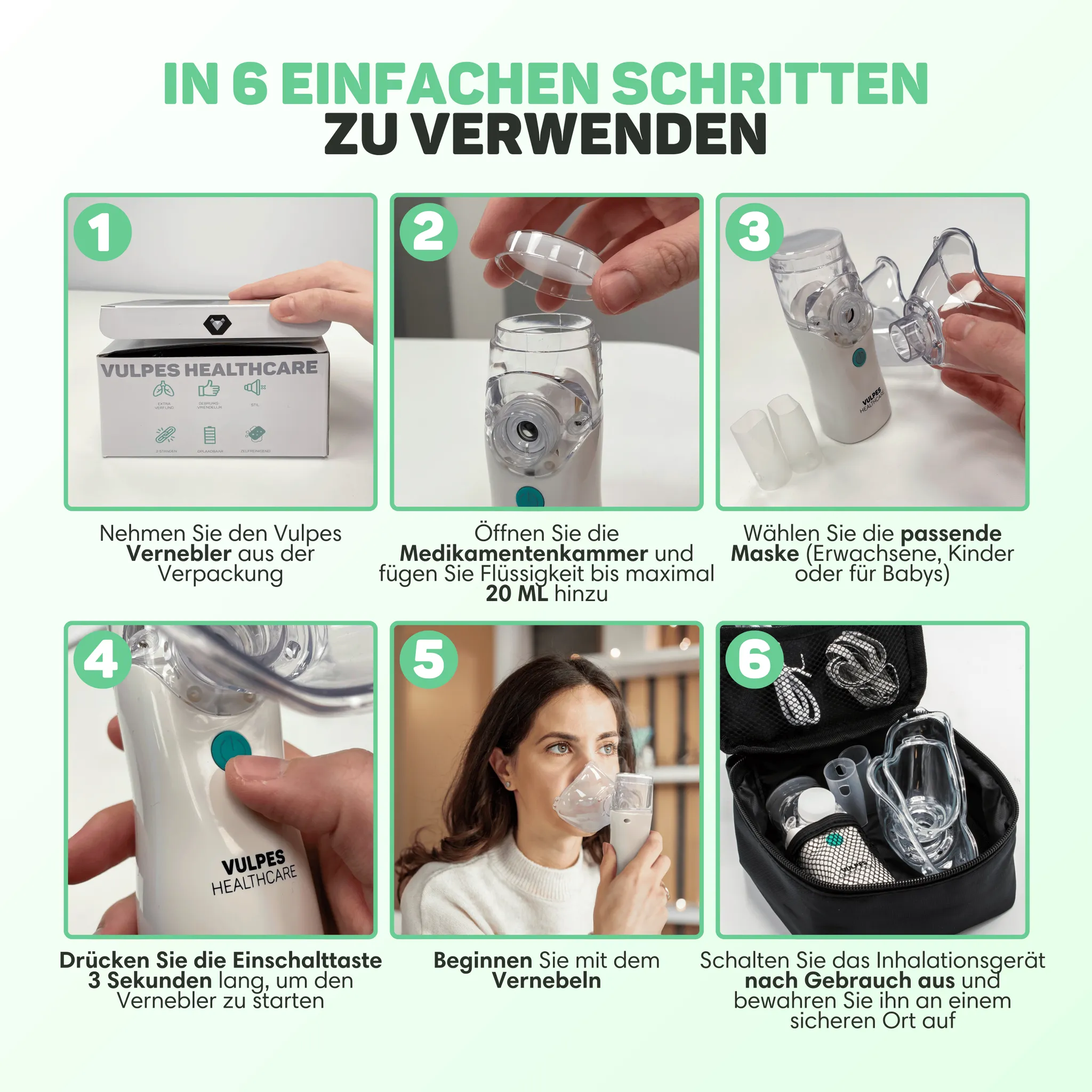 Sechs Schritte zur Anwendung des Vulpes Healthcare Inhalationsgeräts mit Bildern und Anleitungen.