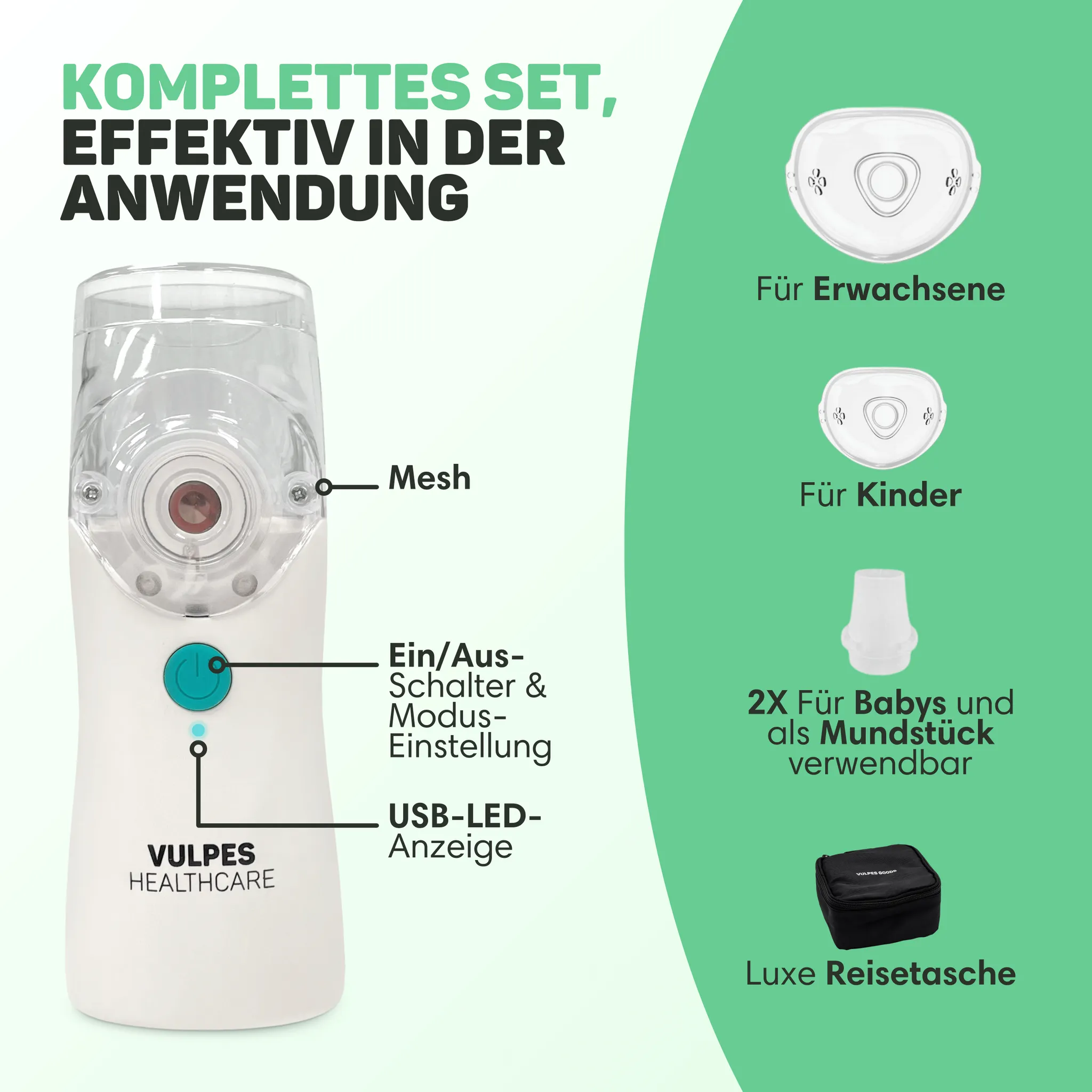 Tragbarer Inhalator mit Zubehör wie Masken, Mundstück und Tasche.