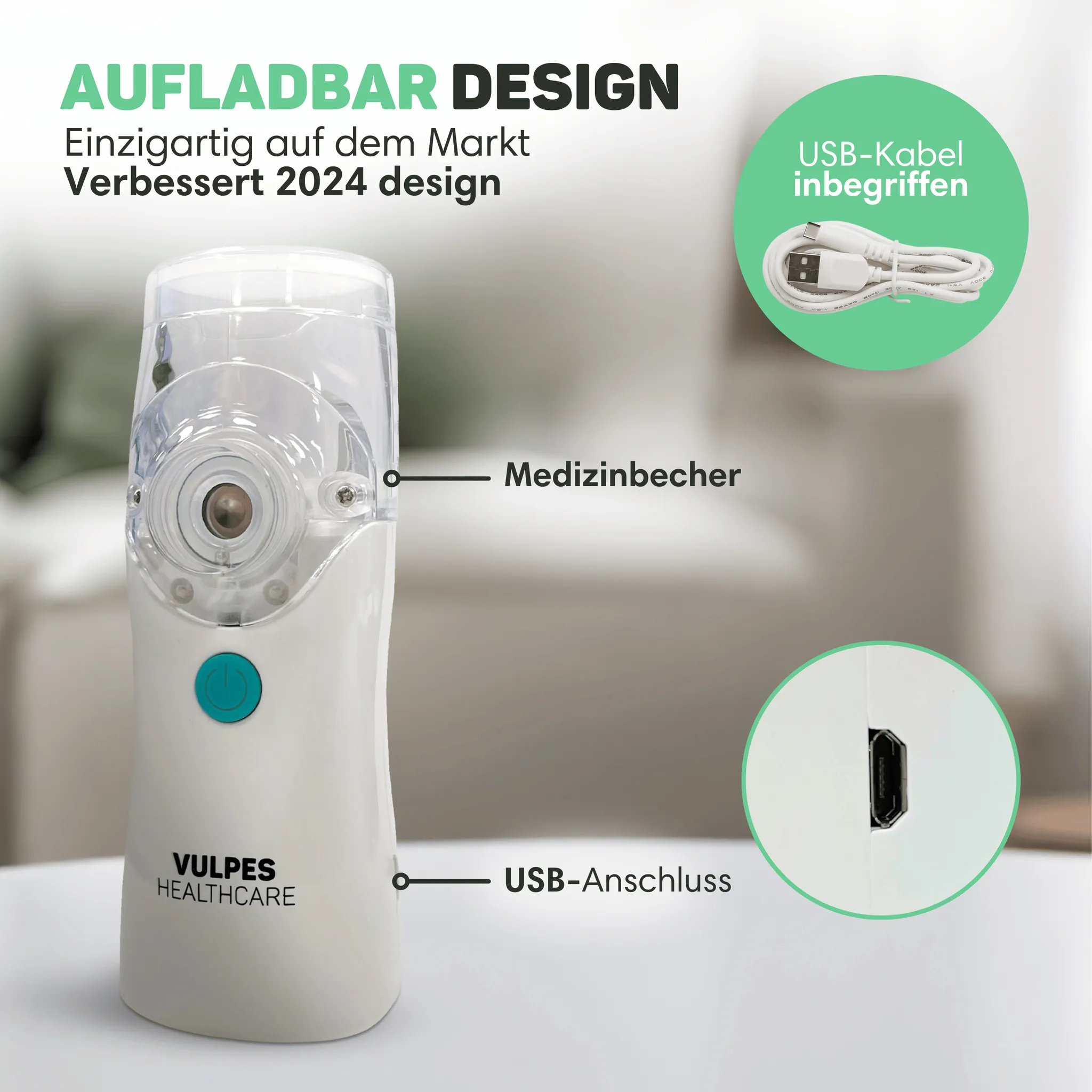 Tragbarer weißer Inhalator mit USB-Kabel, Medizinbecher und Ladeanschluss.