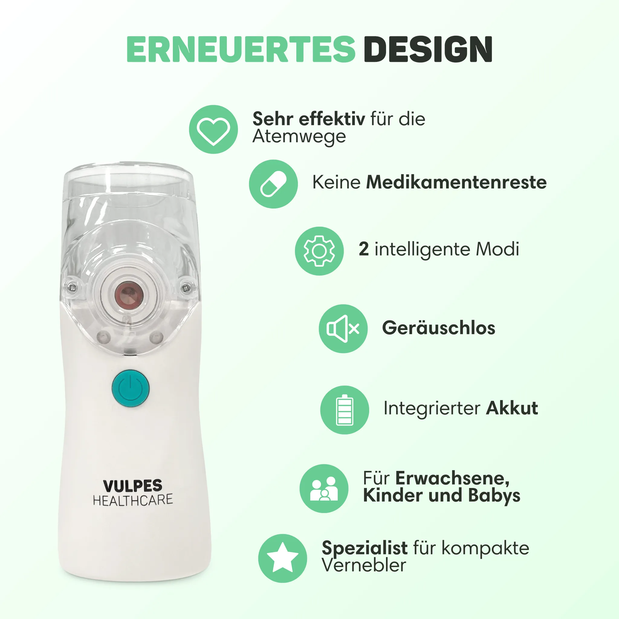 Weißer, kompakter Inhalator von Vulpes Healthcare mit grünen Funktionssymbolen und deutscher Produktbeschreibung.